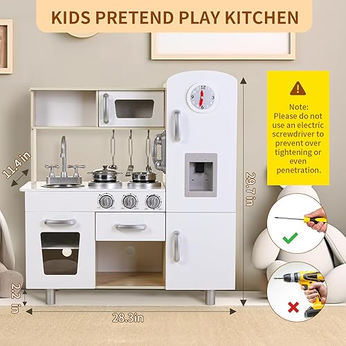 Miniatura 2 de Arlopu Juegos de cocina preescolar, juego de cocina de simulación de madera, juego de cocina pequeño para niños pequeños con teléfono, estufa,