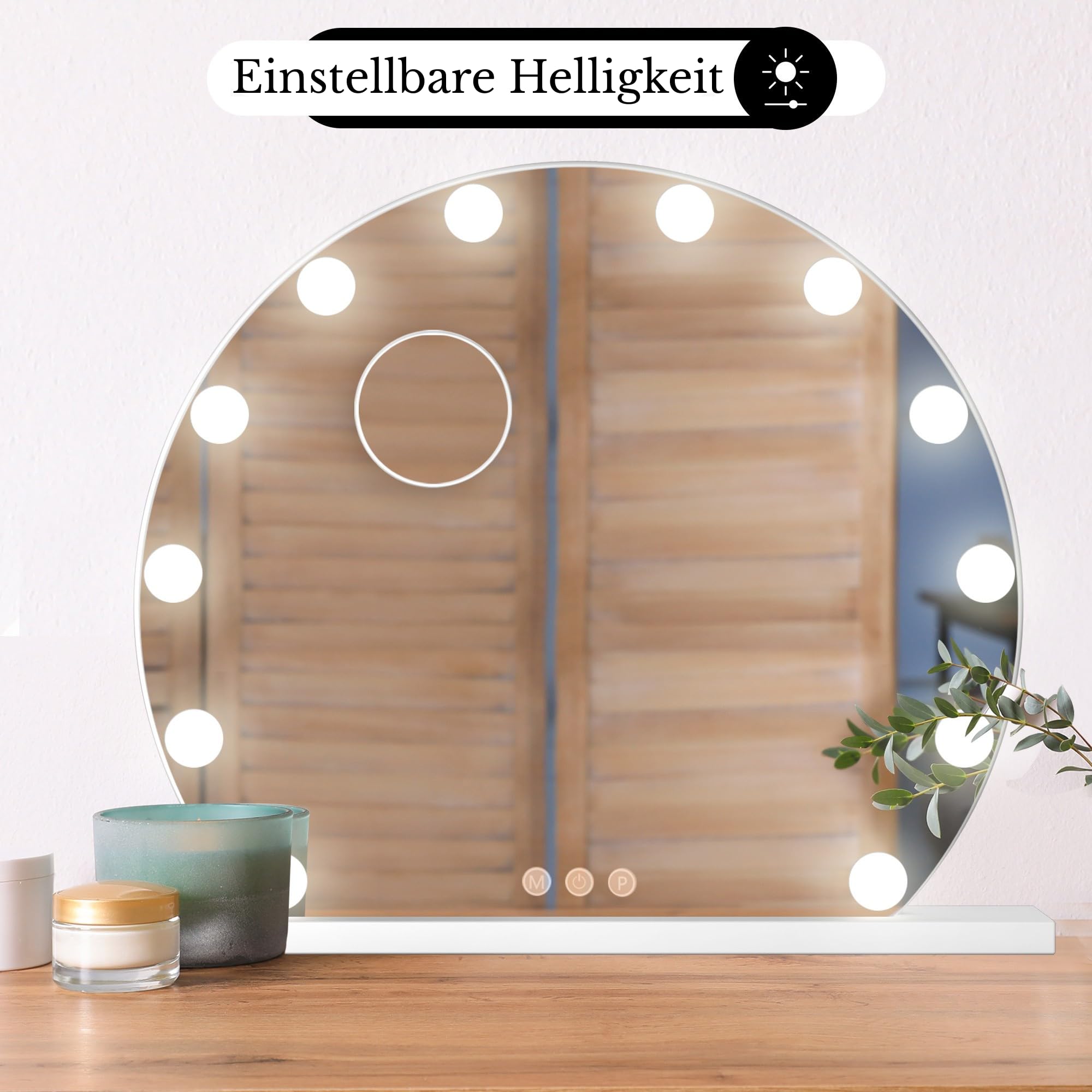 Bayt Hollywood Spiegel Rund (Ø 55 cm), Schminkspiegel mit Licht, LED Spiegel Schminktisch mit 10x Vergrößerung, Touch-Schalter & Dimmbar, Vanity Mirror, Weiß