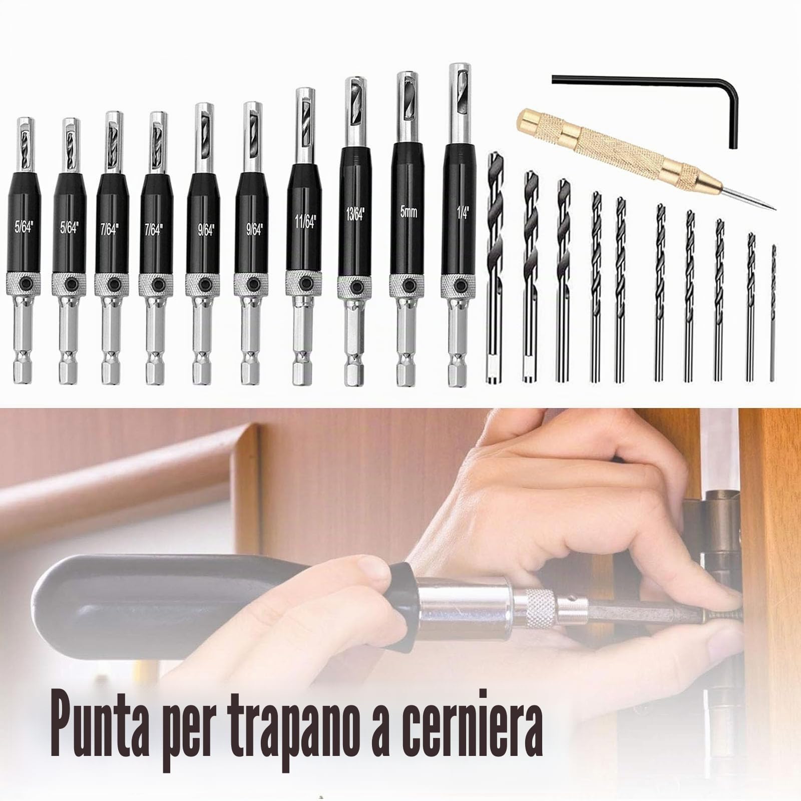 Set di 22 punte autocentranti per trapano, punte VIX con codolo esagonale da 1/4", 5/64-1/4" a cambio rapido per cerniera centrale, chiavi esagonali per la lavorazione del legno, metallo