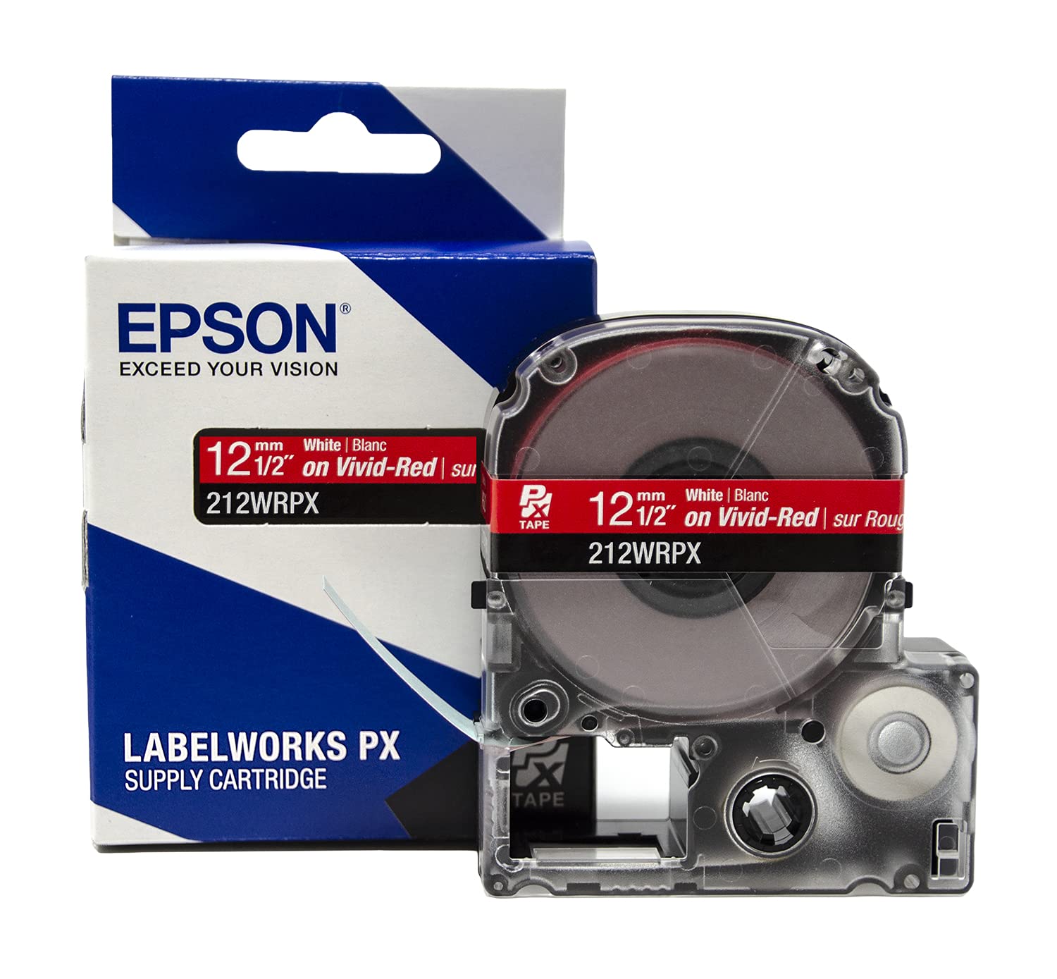 LABELWORKSEpson 212WRPX PET (Polyester) Tape Cartridge - White on Red Label Maker Tape - 1/2" (12MM) Wide, 30'