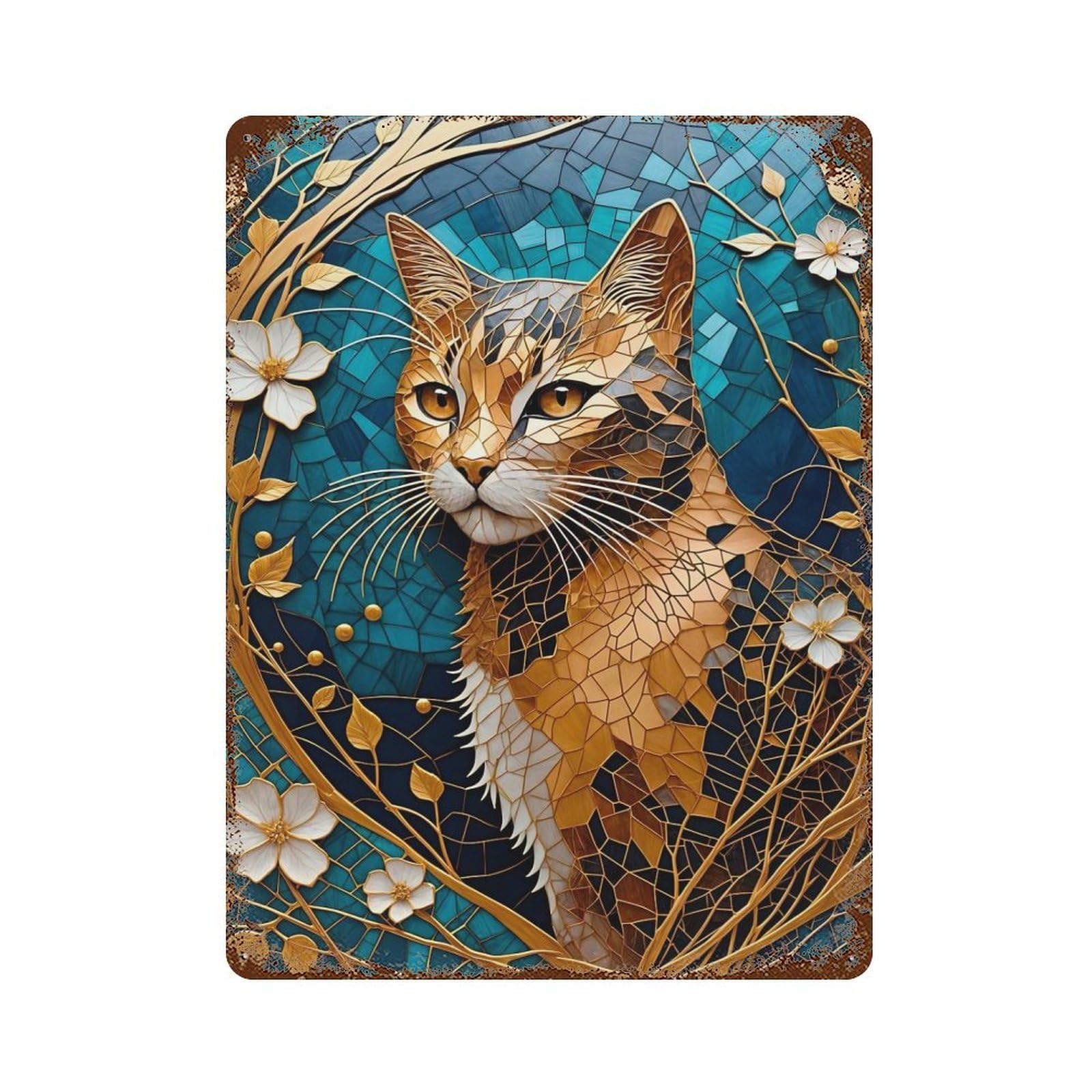 Gold Cat Kintsugi Vintage Wall Sign 15.7"x11.8", Rust Effect Metal Decor for Bistro, Counter And Cafe Decor