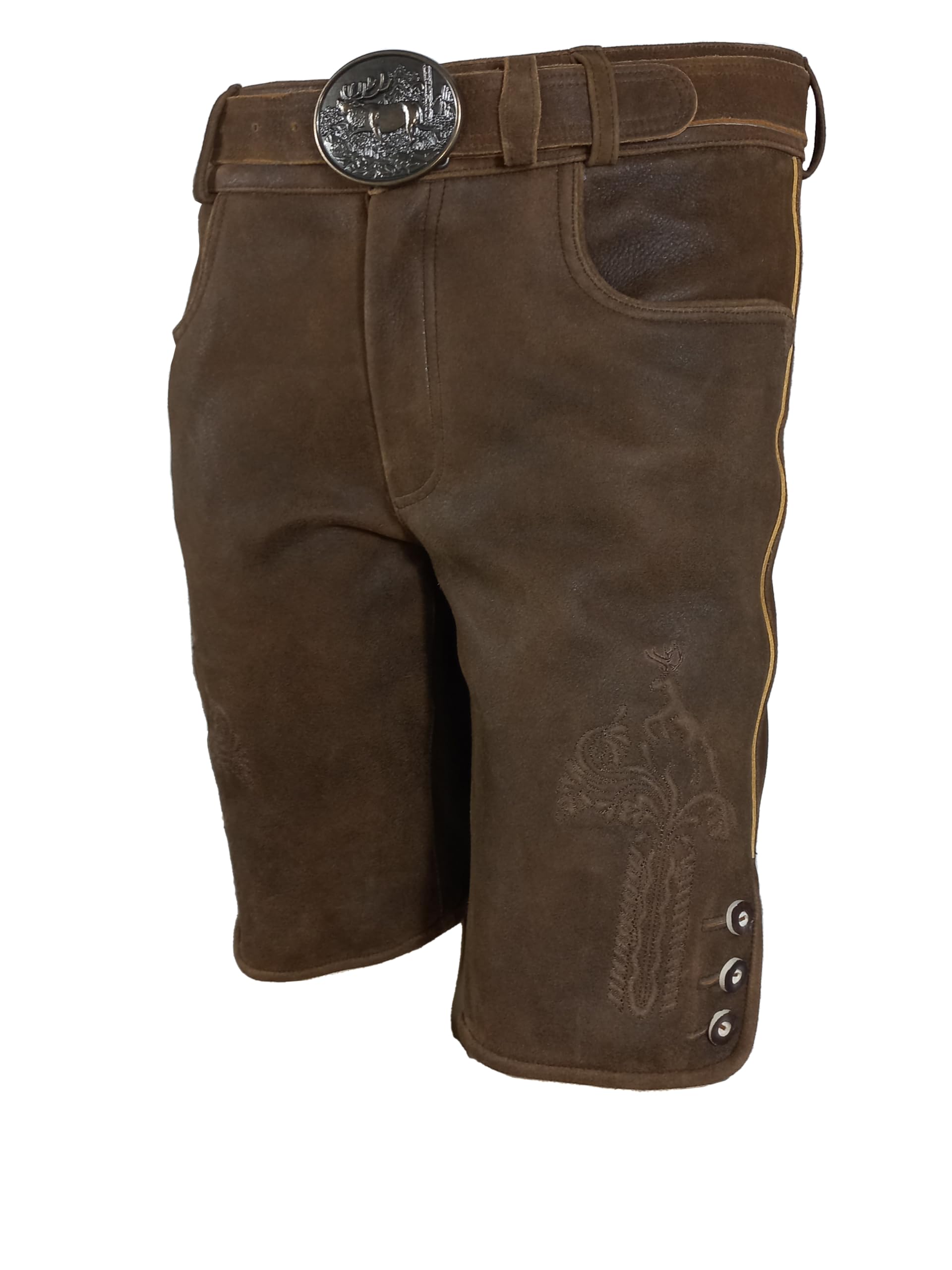 Kurze Herren Trachten Lederhose mit Gürtel, speckig Antik-Patina, Wildbockleder, Jäger