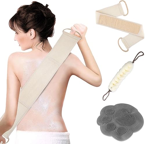 Back Scrubber for Shower Exfoliating Loofah with Handle 3 Piece Body Scrubber Bath Sponge for Men and Women Shower Towel