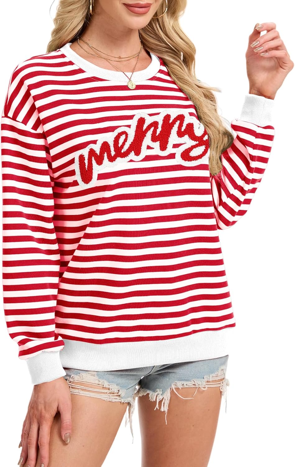 Gihuo Christmas Sweatshirts for Women Merry Jolly Oversized Crewneck Sweatshirt Xmas Pullover Top