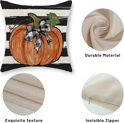 Miniatura 56 de Juego de 2 fundas de almohada de otoño de 18 x 18 pulgadas, hojas de arce de calabaza y búfalo a cuadros, decoración de otoño, de lino, Acción