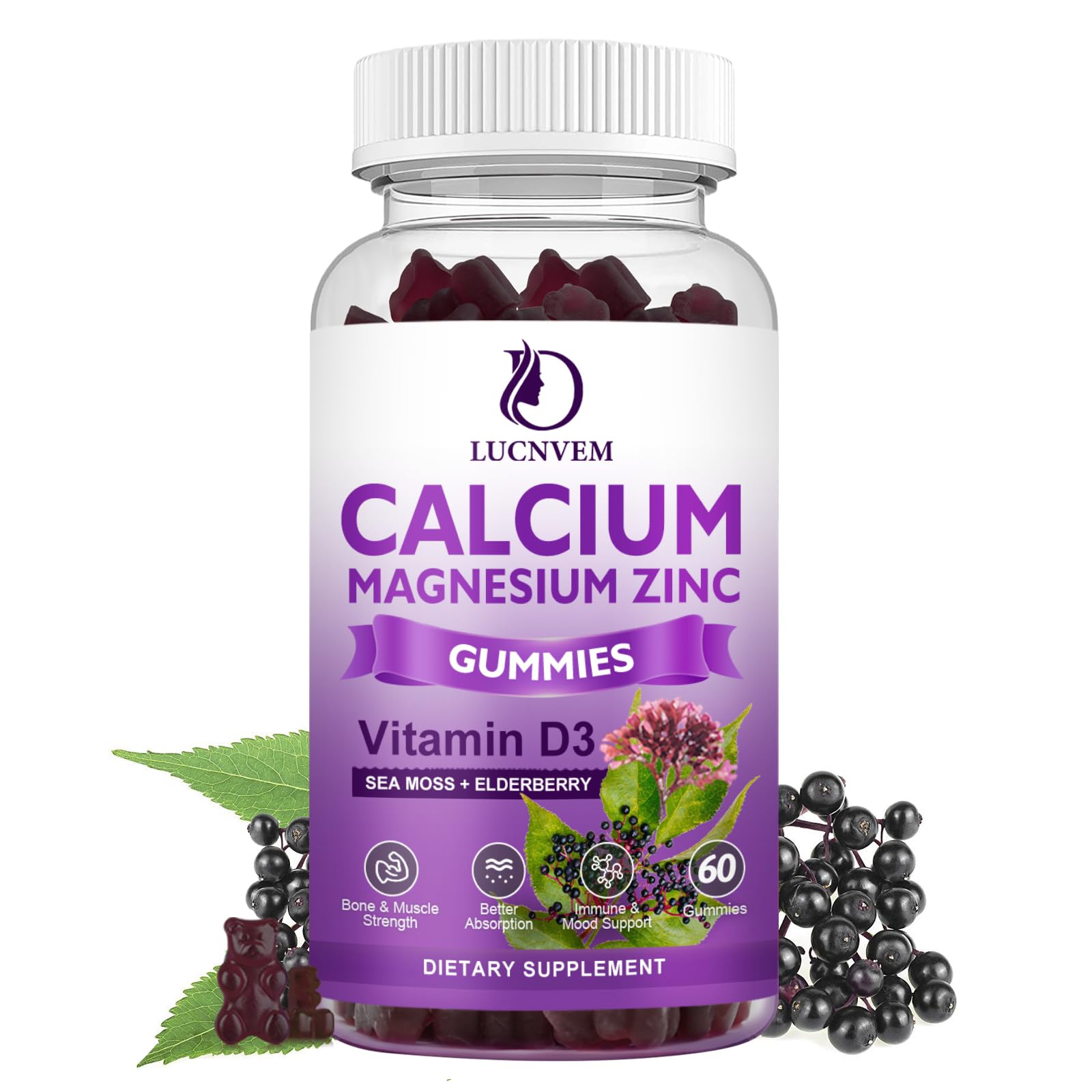 Sugar Free Calcium Magnesium Zinc Gummies with Elderberry and Sea Moss, Calcium Magnesium 2:1, Magnesium Glycinate, Potassium and Vitamin D3 for Bones, Muscles, Calm Mood & Sleep Support, 60 Gummies Sweet Elderberry 60 Count (Pack of 1)