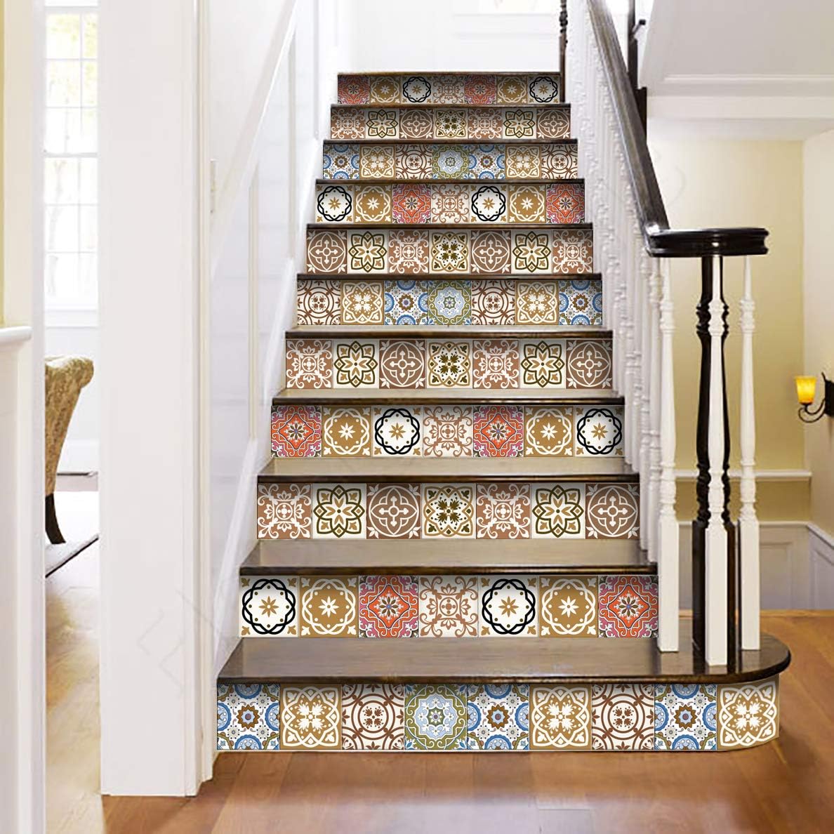 Mi Alma Peel and Stick Tile Backsplash Stair Riser Decals DIY Mexican Talavera Home Decor Staircase Decal Stickers 7''W x 7''L (Set of 24) (Macrame)