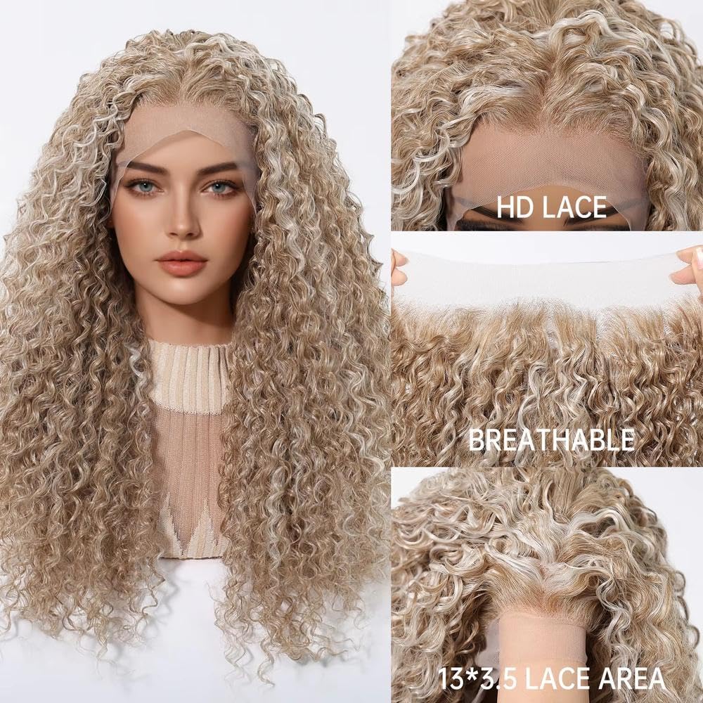 Haarpflege Blonde Tiefgelockte Haarperücke 13 X 3,5 HD Spitzenfront Vorgezupft Leimlose Perücken Für Frauen(Silver)