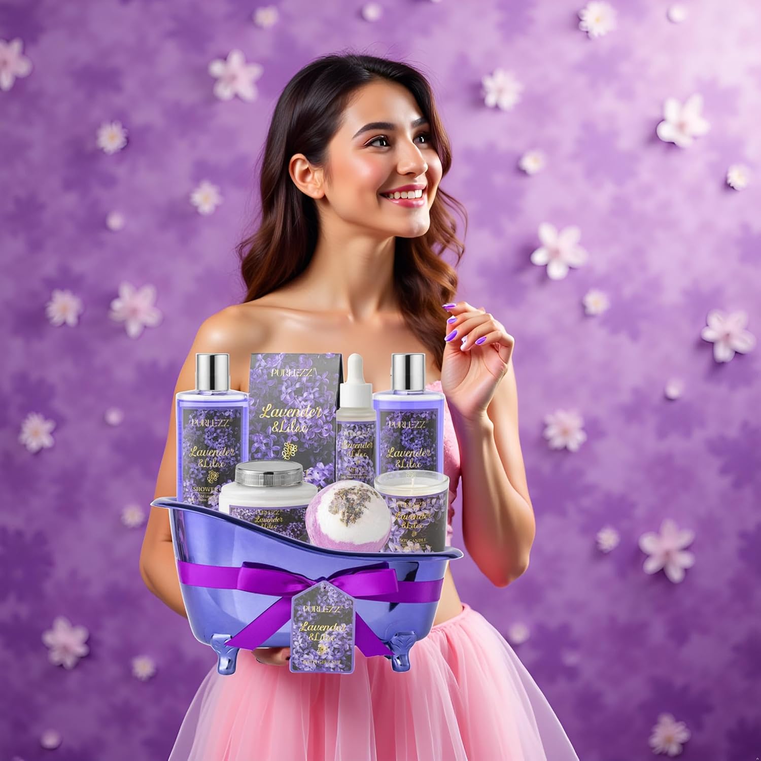 Birthday Gifts for Women, Luxury Home Spa Kit, 8pcs Lavender & Lilac Bath Gift Set, Gift Baskets for Women Unique with Bath Bombs, Sea Salt, Scented Candle, Body Lotion - Image 4