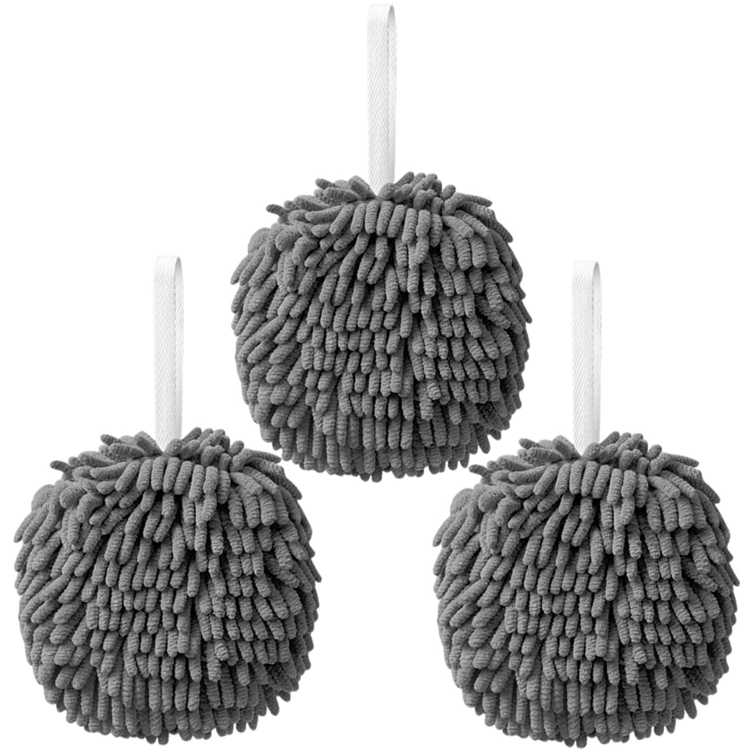 Ivymei 3 Pack Fuzzy Chenille Hand Towels Ball Cute Hanging Hand Towels with Loop for Kitchen Bathroom,Soft Absorbent Hand Bath Towels(2 Grey)