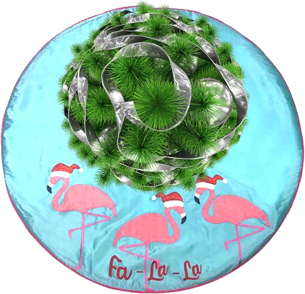 Needzo Blue Flamingo Decor Tree Skirt Christmas Decoration, Colorful Beach Themed Reusable Festive Holiday Decoration, 42 Inches