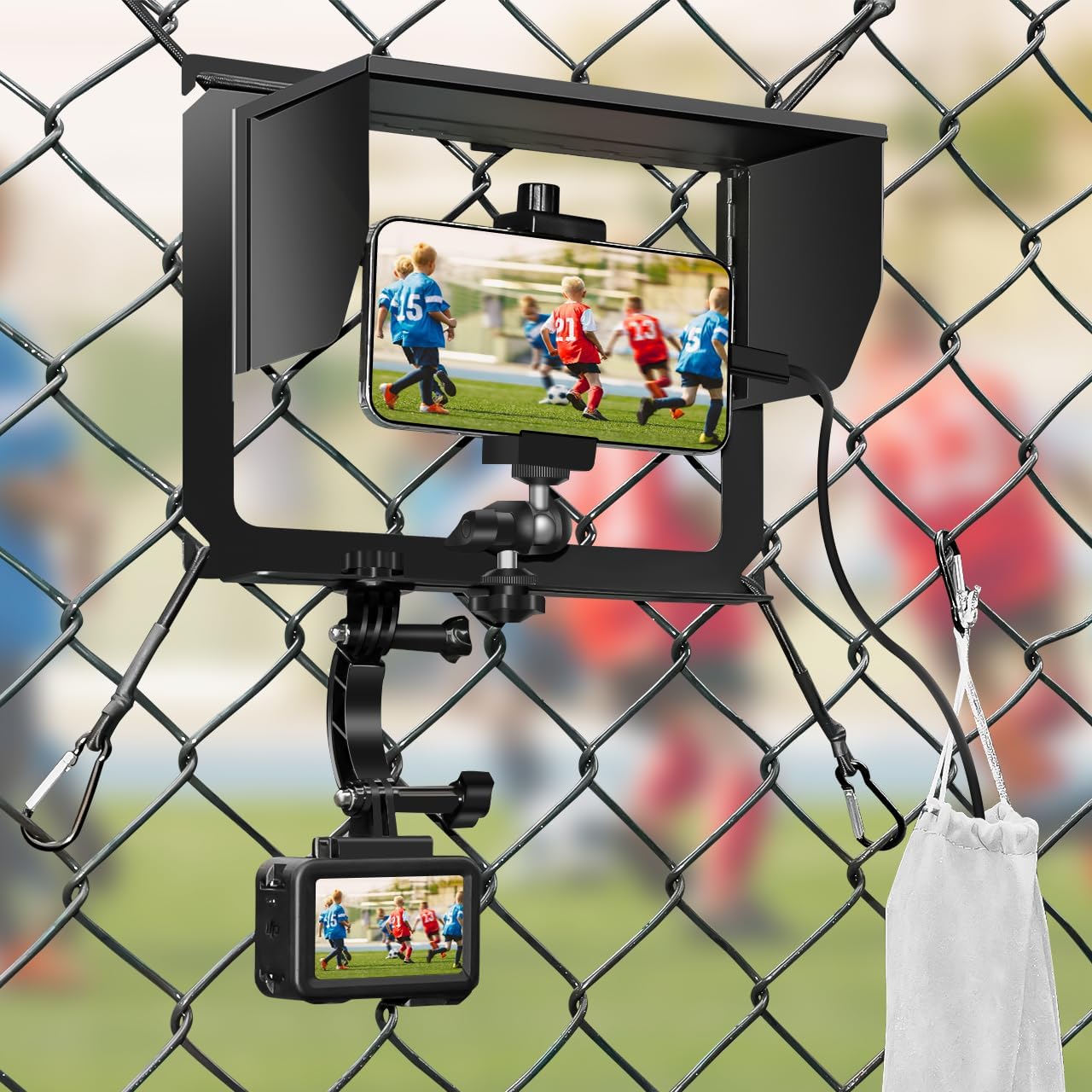 Game Changer Cell Phone Fence Mount Kit with Shade, Live Sports Recording for iPhone, Samsung, GoPro, Mevo, Insta360, Action Camera for Baseball, Football, Tennis, Soccer, Softball Games