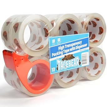 TAPEBEAR Packing Tape with Dispenser, 2.7mil Thick, 1.88" x 55yd Storage Packaging Tape 12 Rolls Heavy Duty Tape Refills Clear Adhesive Box Tape Long Lasting for Sealing, Moving, Shipping