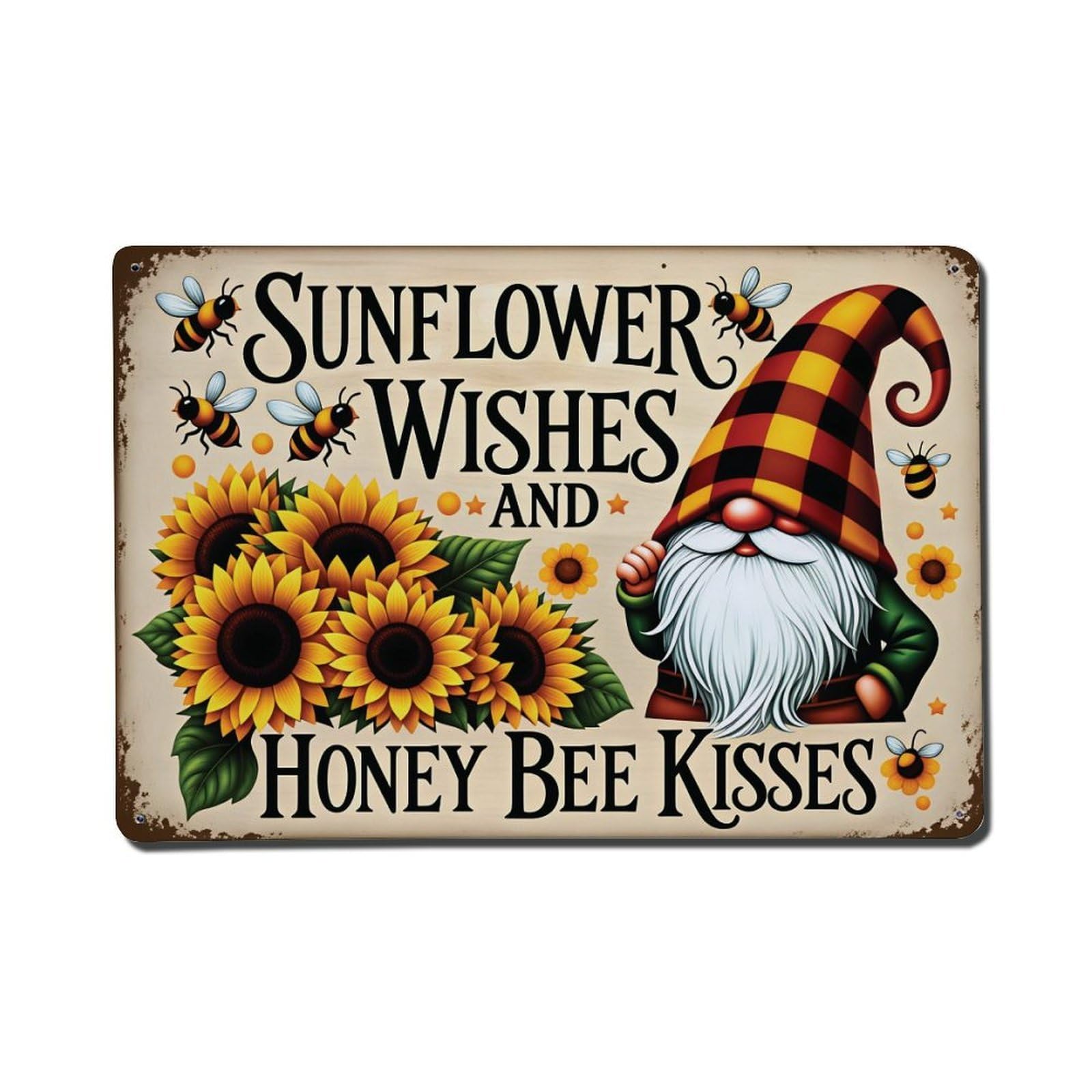 Sunflower Gnome Honey Bee Wishes Wall Plaque Vintage Aluminium Metal Sign, Retro Wall Decor for Home, Bar, Garage & Farmhouse 20x30cm