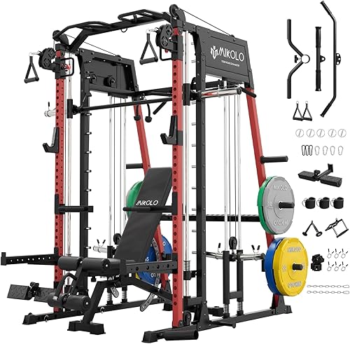 Miniatura 14 de Máquina de Smith Mikolo, banco de sentadillas de 2200lbs con sistema de tracción LAT y máquina de cruce de cables, equipo de entrenamiento con
