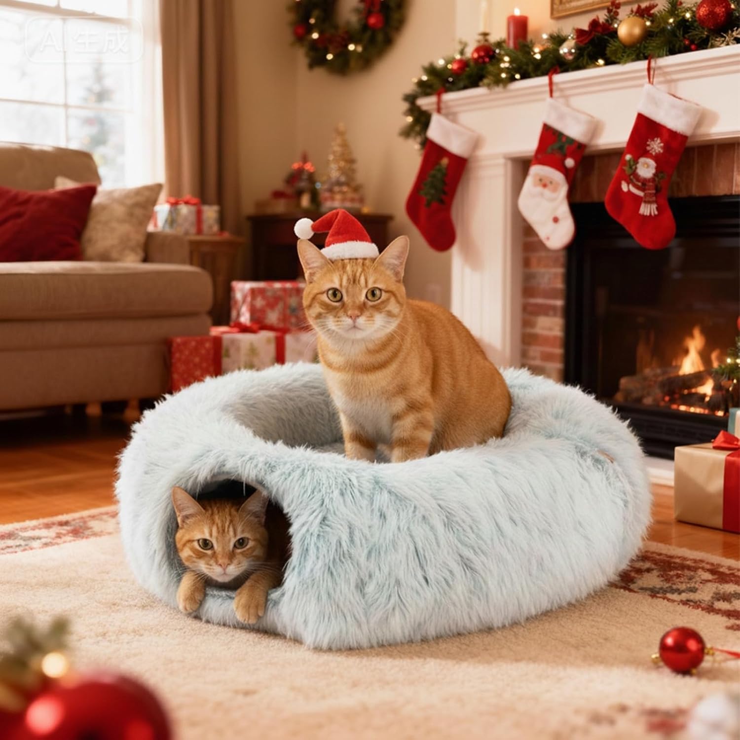 Cat Tunnels for Indoor Cat, Soft Plush Dount Kitty Cave with Peekaboo Hideaway, Under Christmas Tree Cat Toys for Kittens, Rabbits & Ferrets