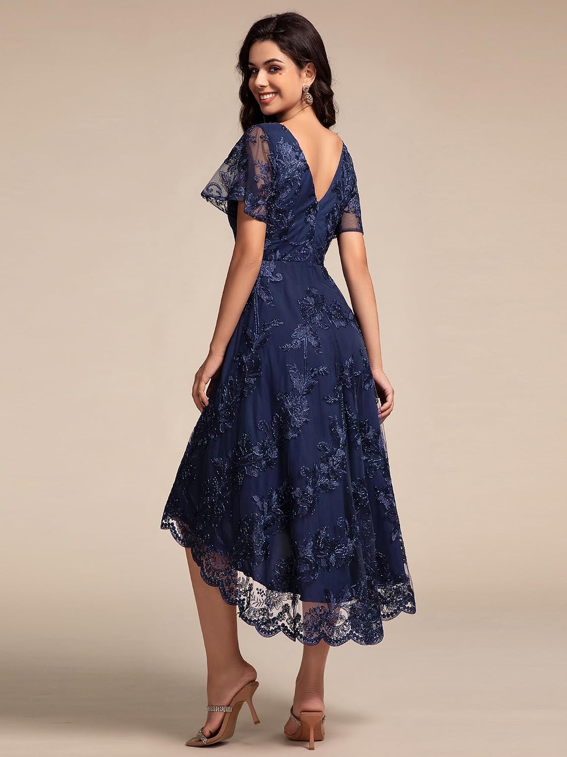 Ever-Pretty Women's Wedding Guest Dress V Neck Ruffles Sleeves Embroidery High Low Formal Dresses 02255