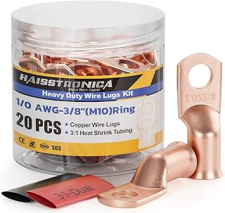 haisstronica 10pcs 1/0 AWG - 3/8"(M10) Battery Cable Lugs, Heavy Duty Copper Wire Lugs with 10pcs 3:1 Adhesive Heat Shrink Tubing,0 Gauge Wire Connectors Battery Terminal Connector,Battery Cable Ends