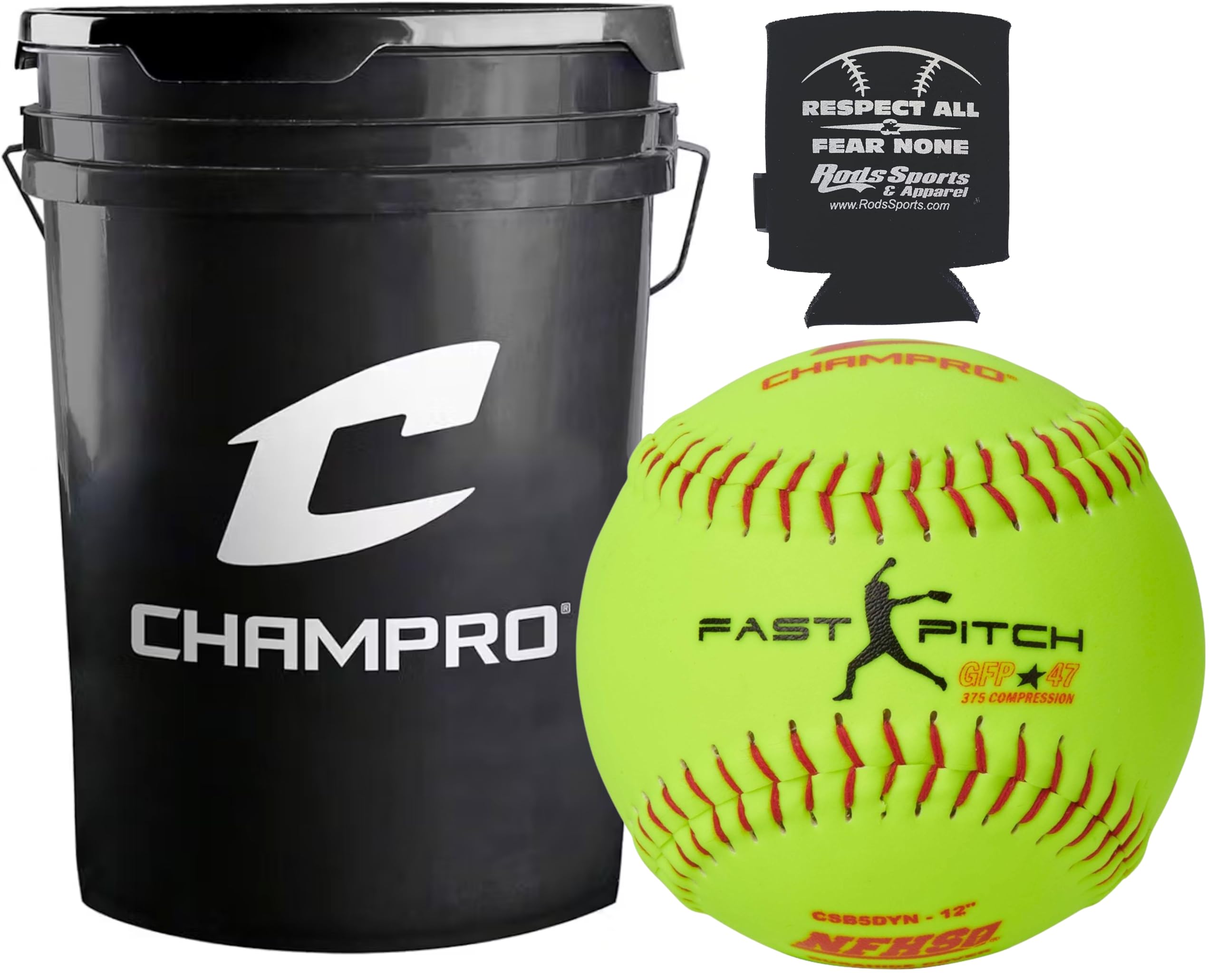 CHAMPRO CSB5DYN Durahide Cover 12" NFHS Game Softballs in a Black Bucket – 18 Balls and one Rods Can Sleeve Included.