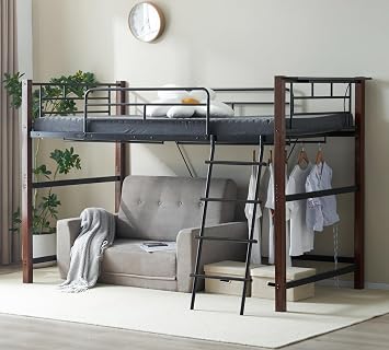 Loft Bed with Ladder, Low Type, Loft Bed with Outlet, Adults, Middle Type, Pipe Bed, Single Bed Frame, Durable, Steel, 4 Hanger Poles Included, Living Alone, Loft Bed, Height 55.1 inches 140