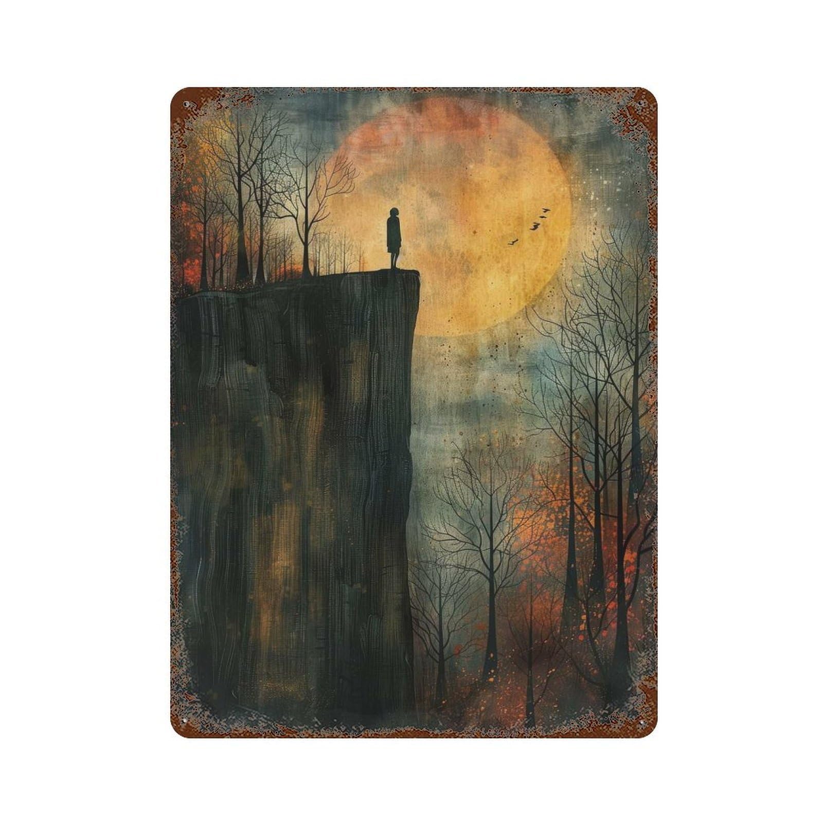 Retro Metal Sign with Lonely Moonlit Cliff Design 15.7"x11.8", for Farmhouse, Kitchen And Entryway Decor, Shabby Chic Decor