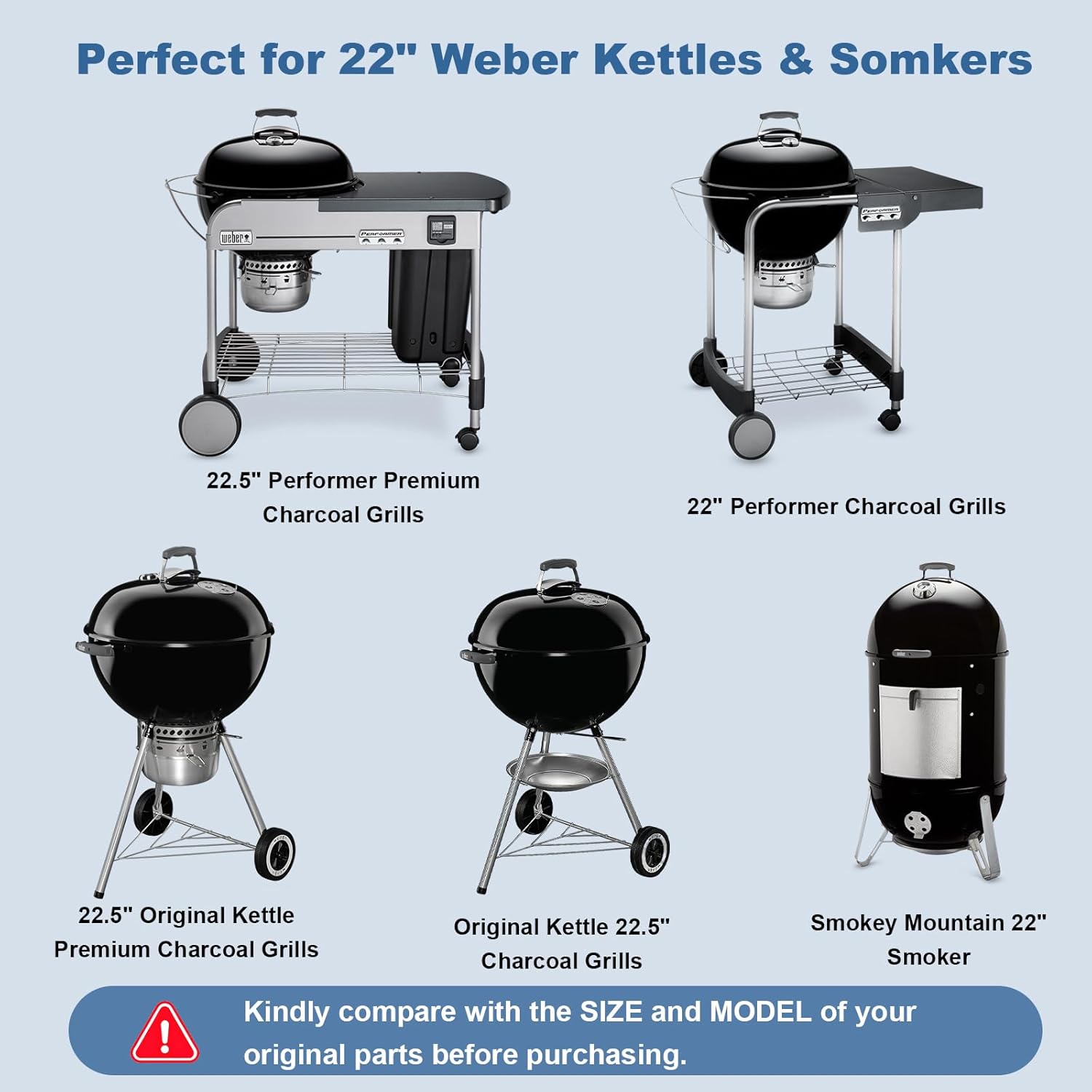 Cast Iron Grill Grate Replacement Parts for Weber 22" Kettle Charcoal Grills, Cooking Grids for Weber Gourmet BBQ System, One-Touch, Bar-B-Kettle, Master-Touch, Performer Charcoal Grill, 8835