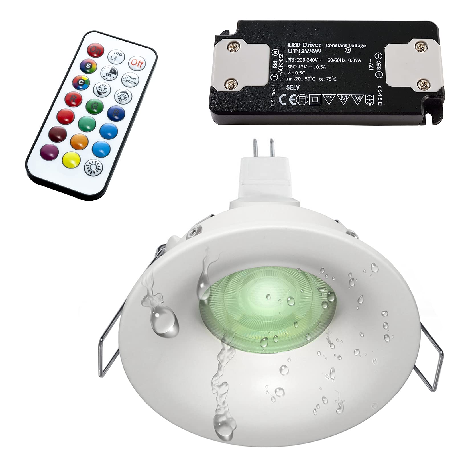 Planetitaly Faretto tondo quadrato lampada LED 6W RGB GU5.3 12V incasso IP65 cromoterapia box doccia bagno turco sauna (Tondo, RGBW+3000K)