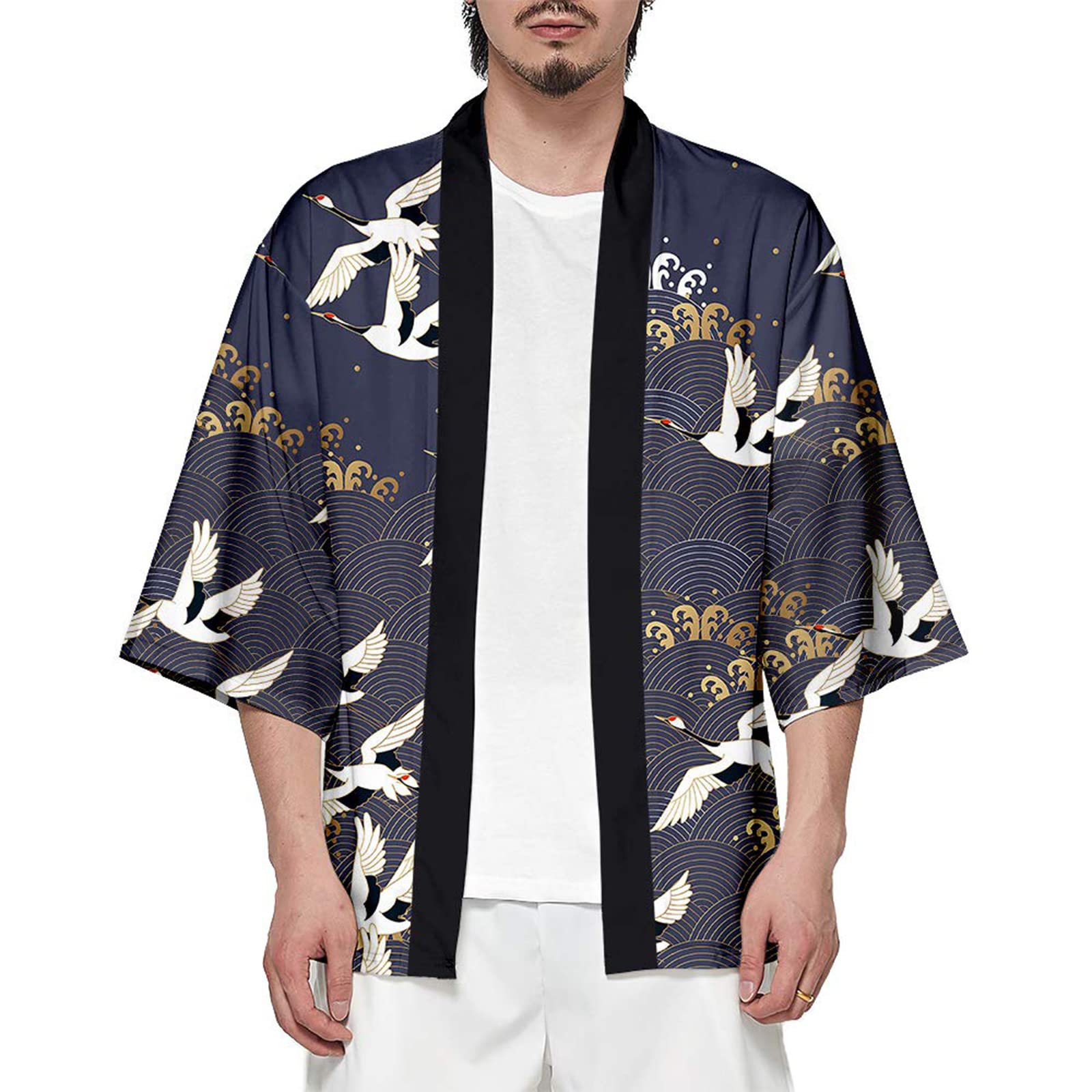 CIZEURJapanese Kimono Cardigan Mens Kimono Vintage Cloak Open Front Short  Shirt 3/4 Sleeve Cardigan Jacket