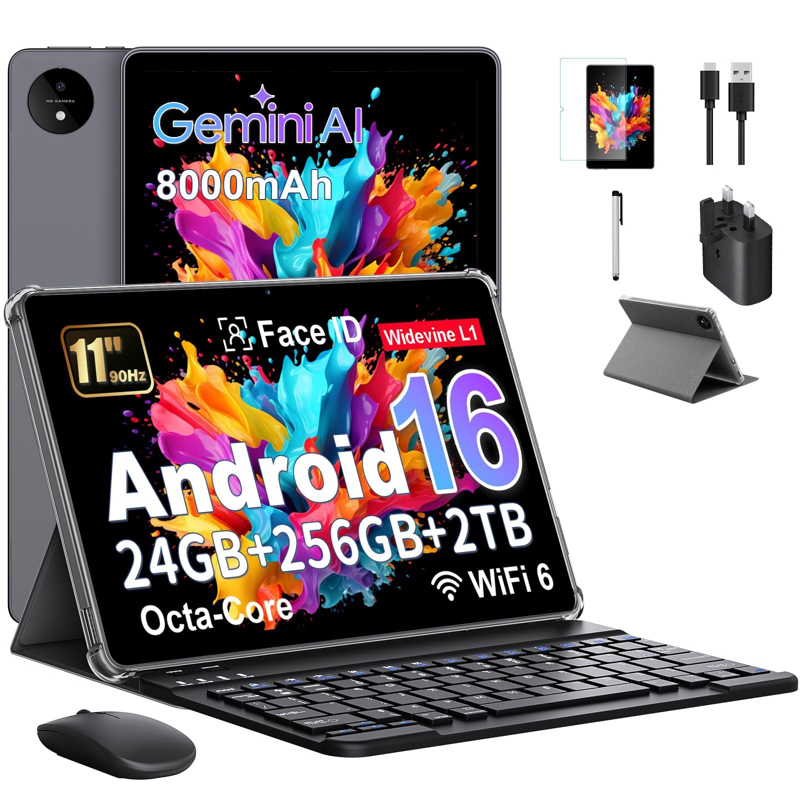 Tablet 11 Inch with Gemini AI, Android 16 Tablets with Case, Mouse & Keyboard, Octa-Core, 24GB RAM + 256GB ROM + 2TB TF, 1920x1200 HD Display, 90Hz, 8MP + 13MP Dual Camera, 8000mAh, Grey-image-43