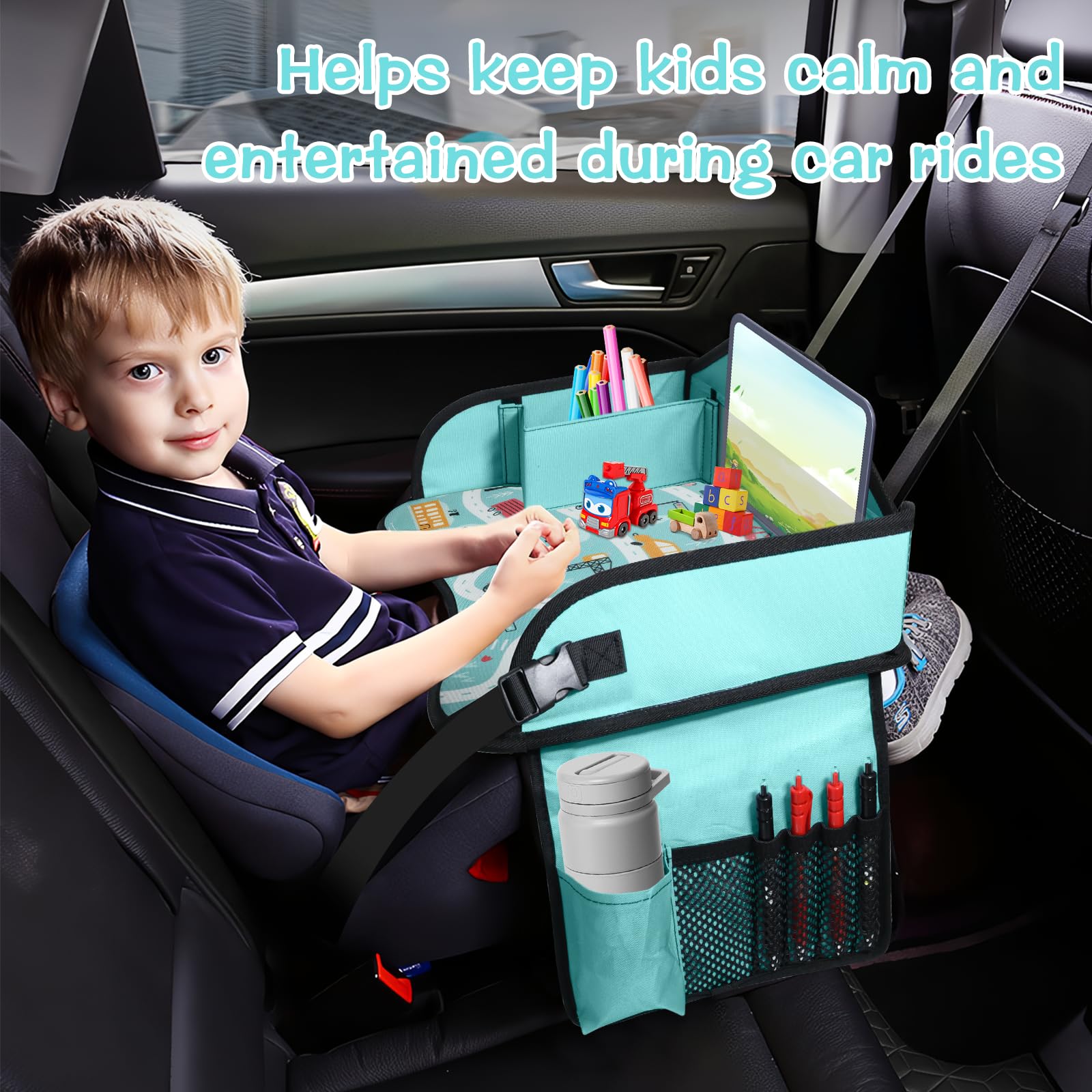 HNCY Vassoio da Viaggio, Tavolino Bambini da Seggiolino Auto con Lavagna da Disegno, Organizzatore per Seggiolino Auto con Scomparti Multiuso, Kids Travel Tray Facile da Pulire (Auto)