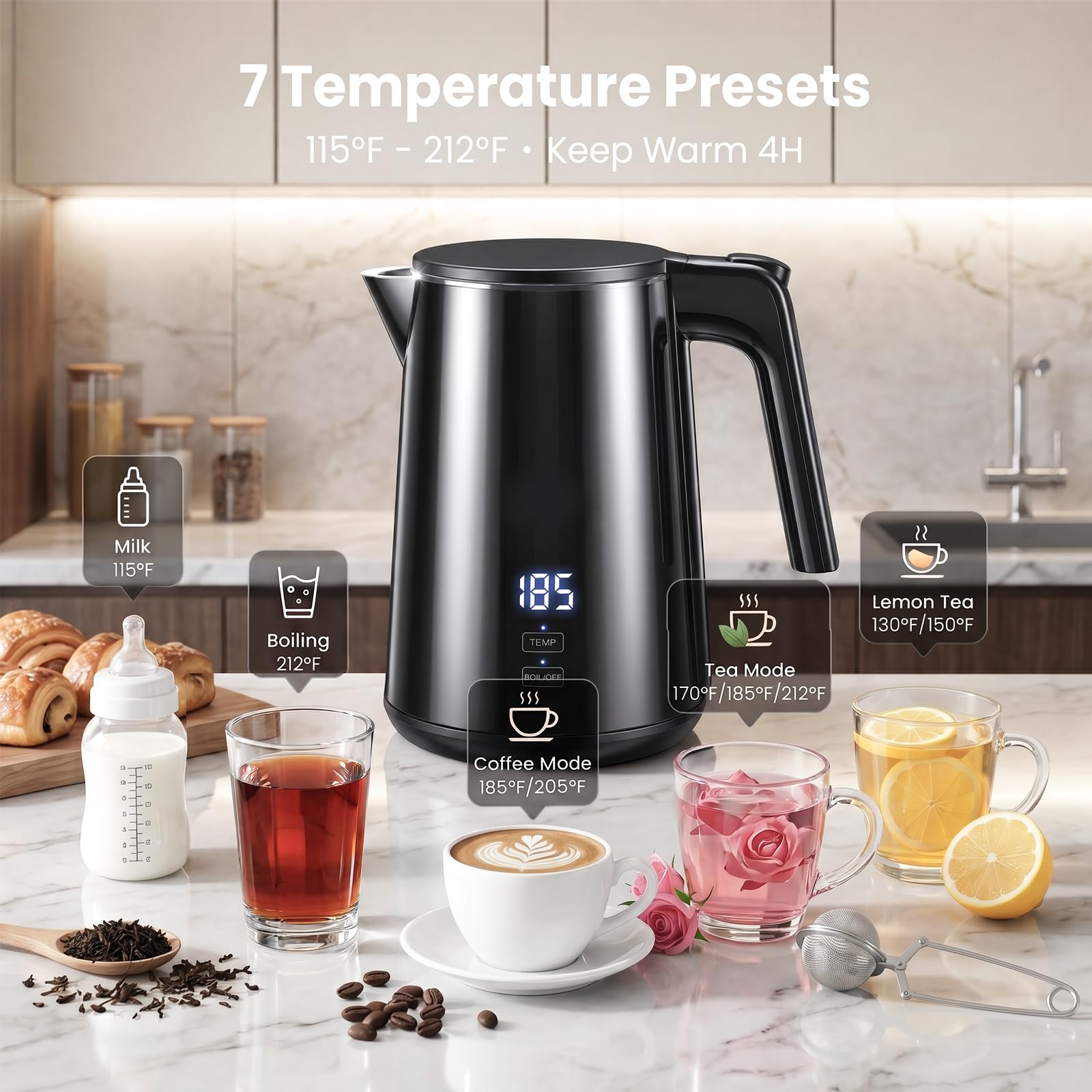 Electric Kettle 1.0L, 1200W Fast Boiling, 7 Temp Settings & 4H Keep Warm