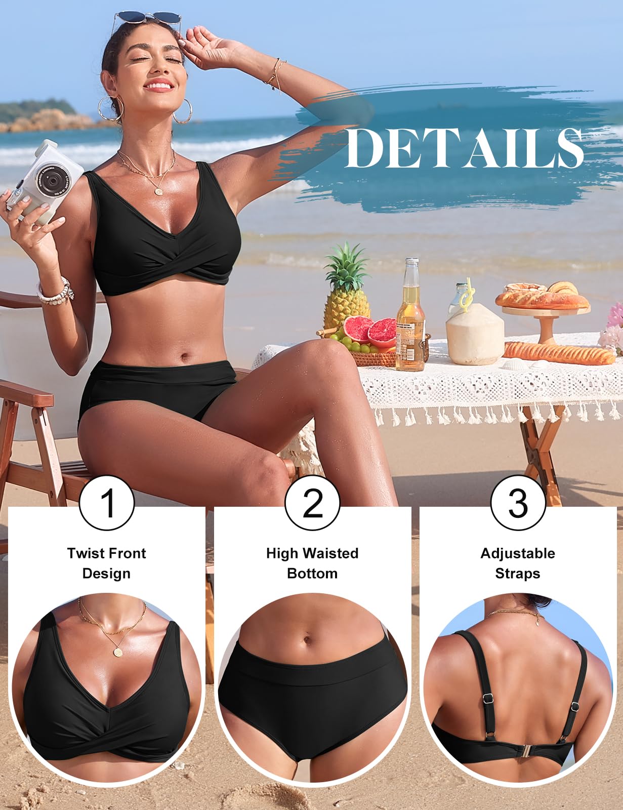 Nadeer Damen Bikini Set High Waist Zweiteiliger Badeanzug Elegant Crossover Bustier Bademode V Ausschnitt Push Up Swimsuit