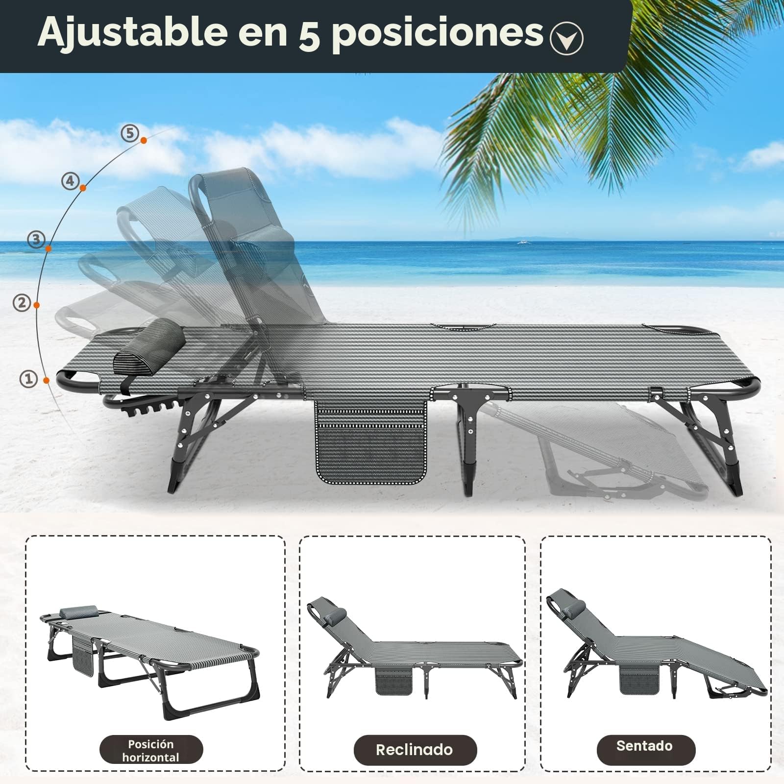 MOPHOTO - Tumbona plegable de 5 posiciones, portátil, para exterior, perfecta para piscina, playa, patio, baño de sol