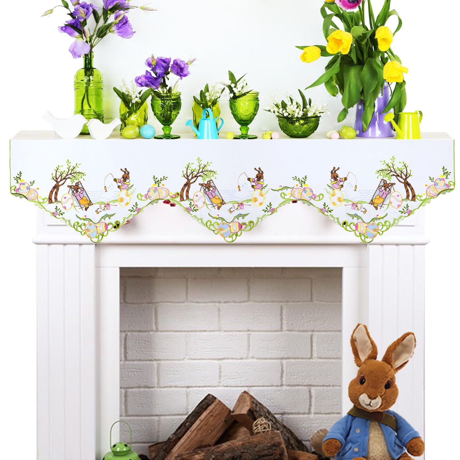Simhomsen Embroidered Easter Bunny Mantel Scarf Runner (70 × 17 Inches)