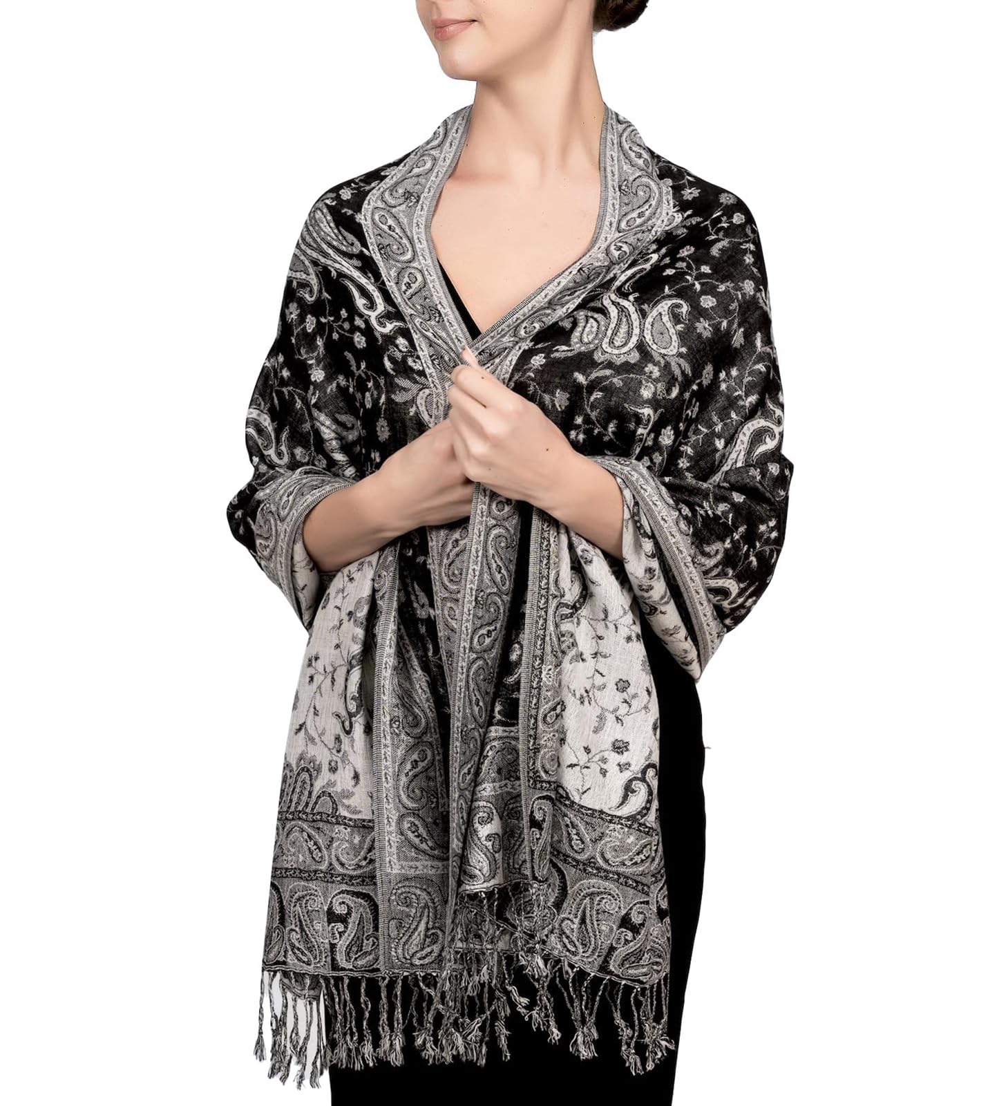 Soft Silky Reversible Paisley Pashmina Shawl Wrap Scarf w/Fringes