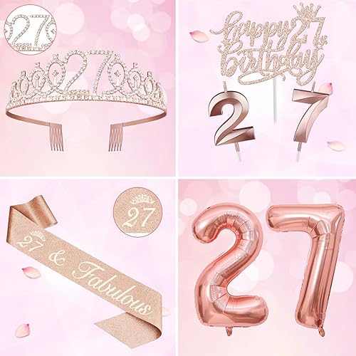 Miniatura 17 de Decoraciones de cumpleaños número 17 para niña, incluyendo tiara y banda de cumpleaños de 17, decoración para pastel y velas, globos de números