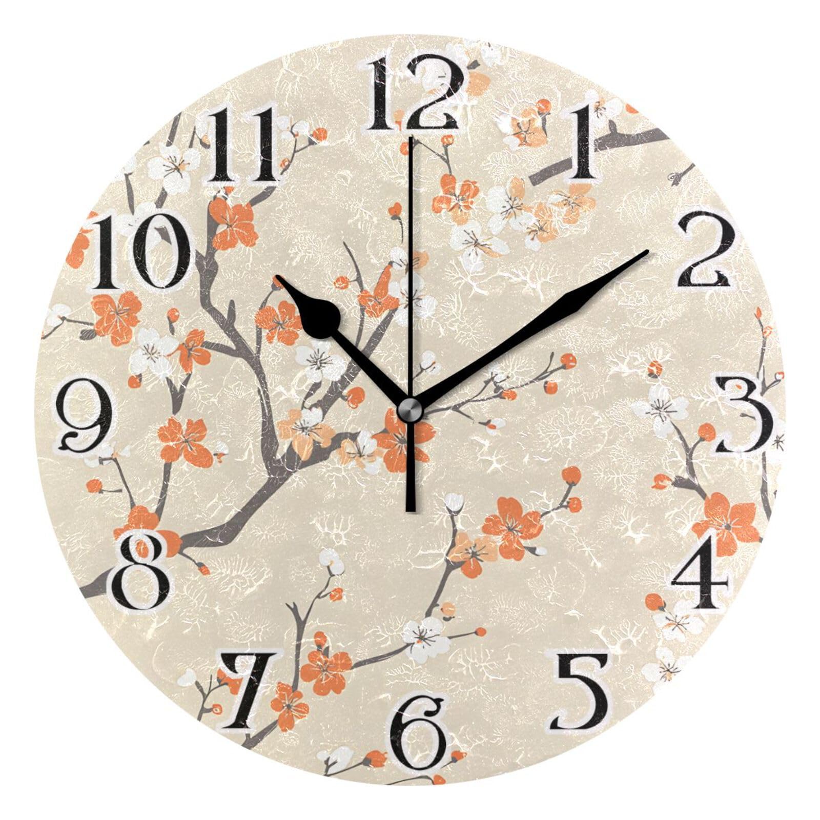 Mnsruu Cherry Blossoms Flower Branch Clock Wall Clock for Living Room Silent Non-Ticking Round Clock 25cm Easy to Read Clocks Kitchen Home Decorative