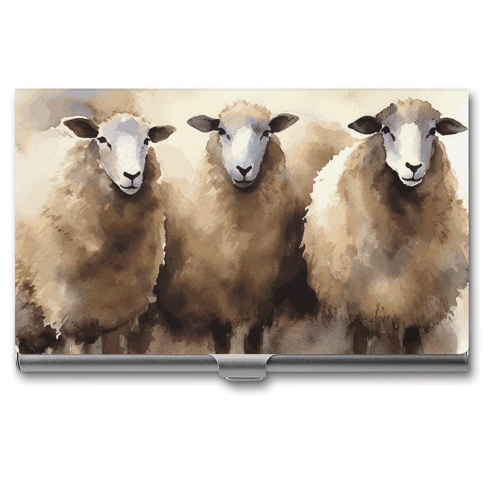 DWVTSLH Sheeps Watercolor Business Card Holder, Slim Portable Metal Business Card Case Pocket Wallet Professional Name Cards Holder for 22-30 Cards, Credit Card ID Case/Holder for Men Women