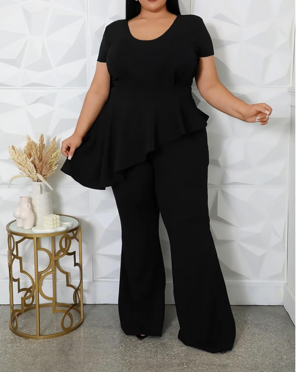 CXXQ Women's Plus Size 2 Piece Outfits Suit Set Short Sleeve Peplum Top Straight Pants Sets Business Pantsuits - Image 2