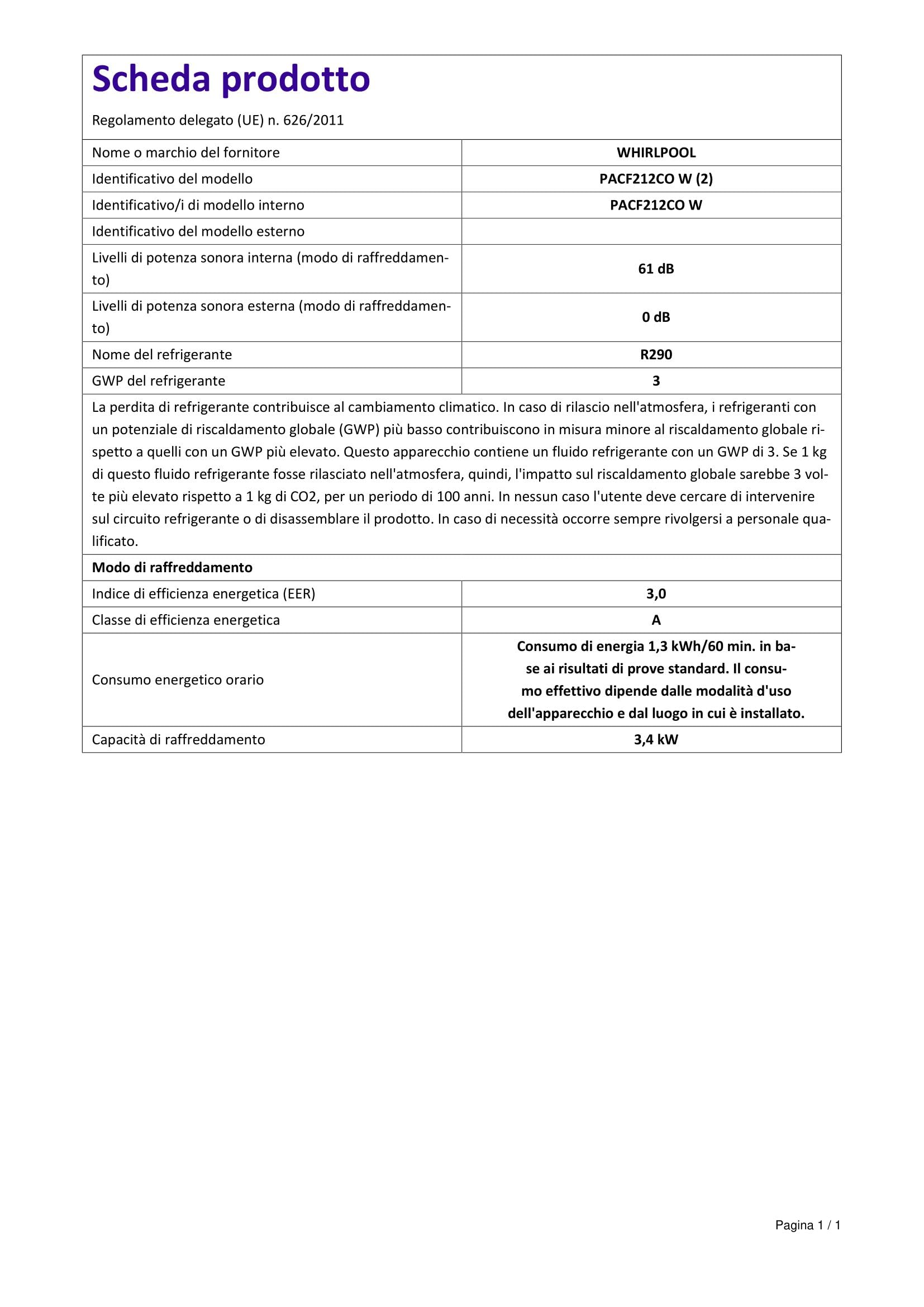 Whirlpool PACF212CO W Condizionatore