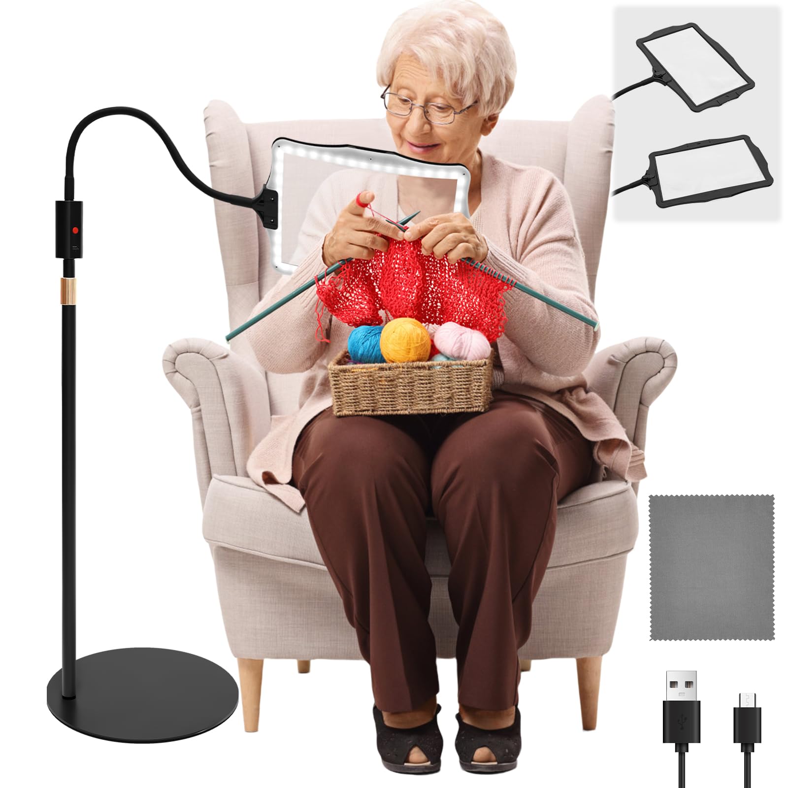 Floor Magnifying Glass with Light and Stand,48LEDs 2-in-1 Flexible Gooseneck Floor Magnifying Lamp with 3 Height Adjustable for Tight Works, Sewing, Crafts, Hobbies, Reading, Black