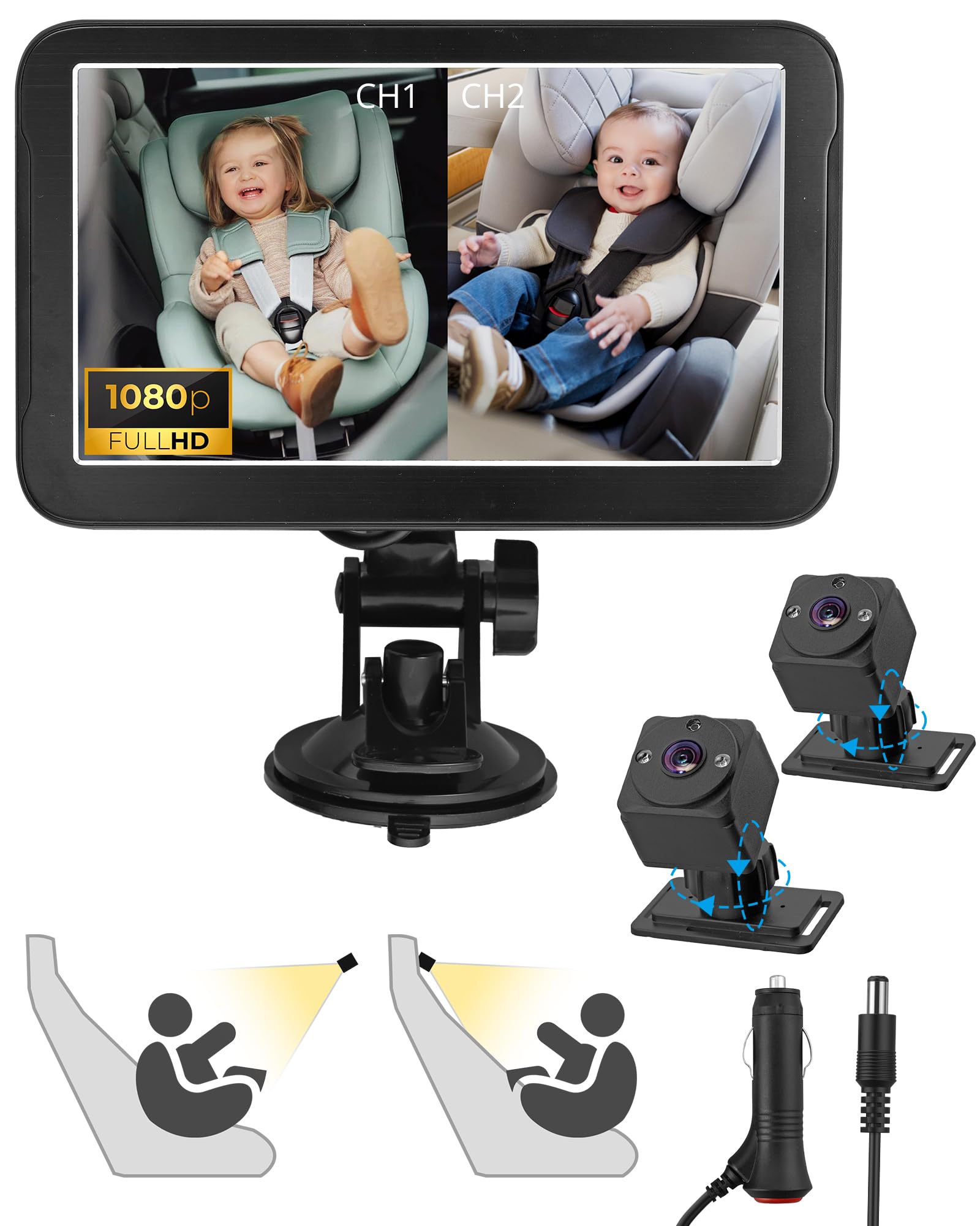 eSynic Cámara Doble para Bebé 1080P con Pantalla Dividida de 7" Monitor de Vigilancia Infantil Espejo Retrovisor con Visión Nocturna Cámara Giratoria 360° Sistema de Seguridad para Asiento Trasero