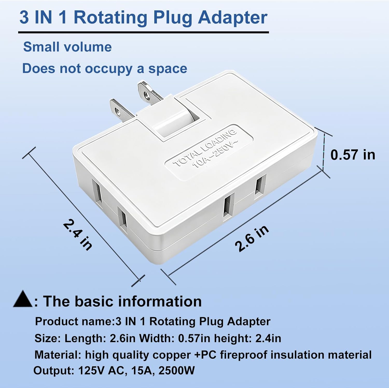 Flat Outlet Extender,3 Way 2 Prong180 Degree Portable Swivel Wall Tap Plug,Ultra Thin Folding Electrical Outlet Splitter (Easy Install),Type A,White,Pack of 3