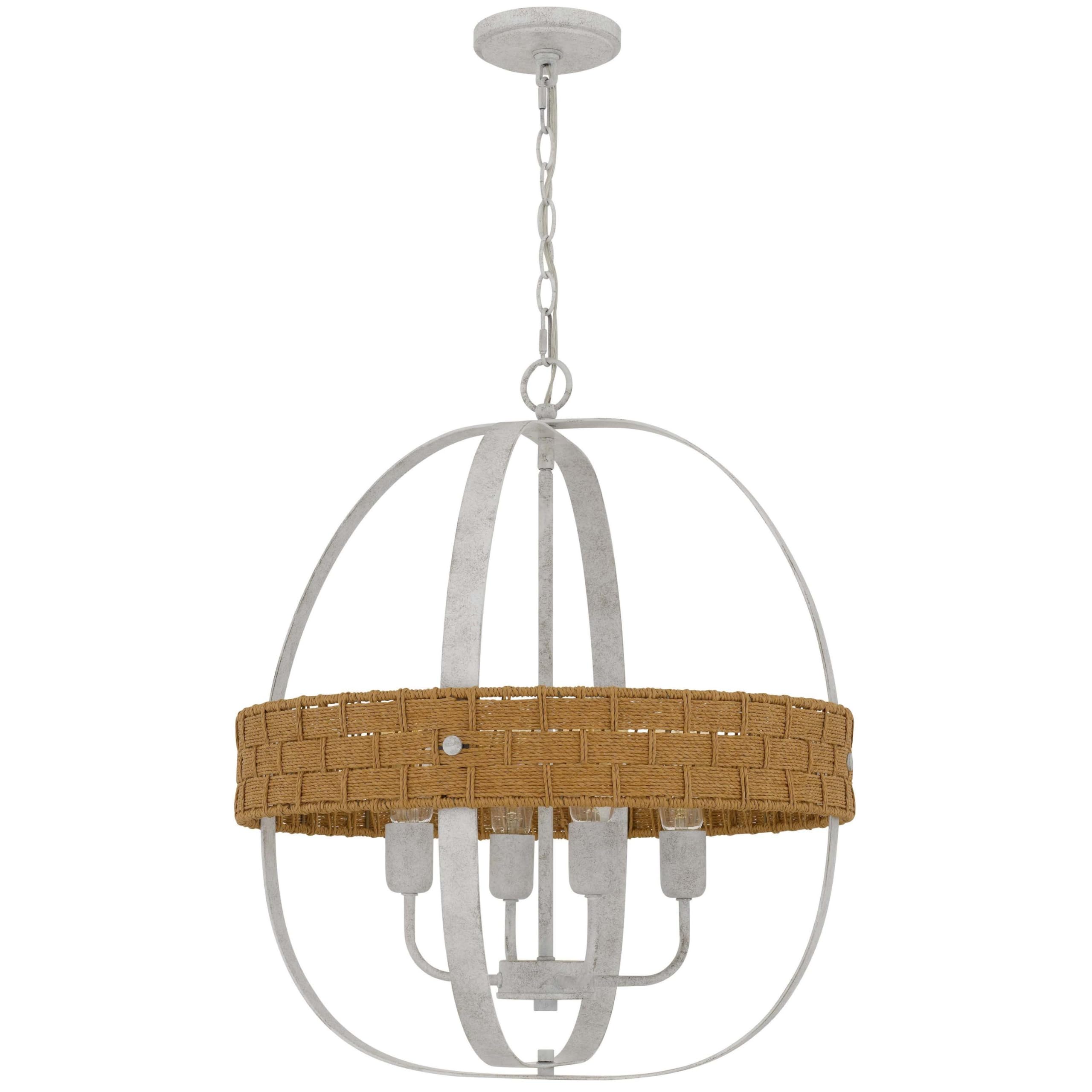 Benjara Baty Chandelier, 4 Light Rustic Rattan Round, White Metal 21 Inch