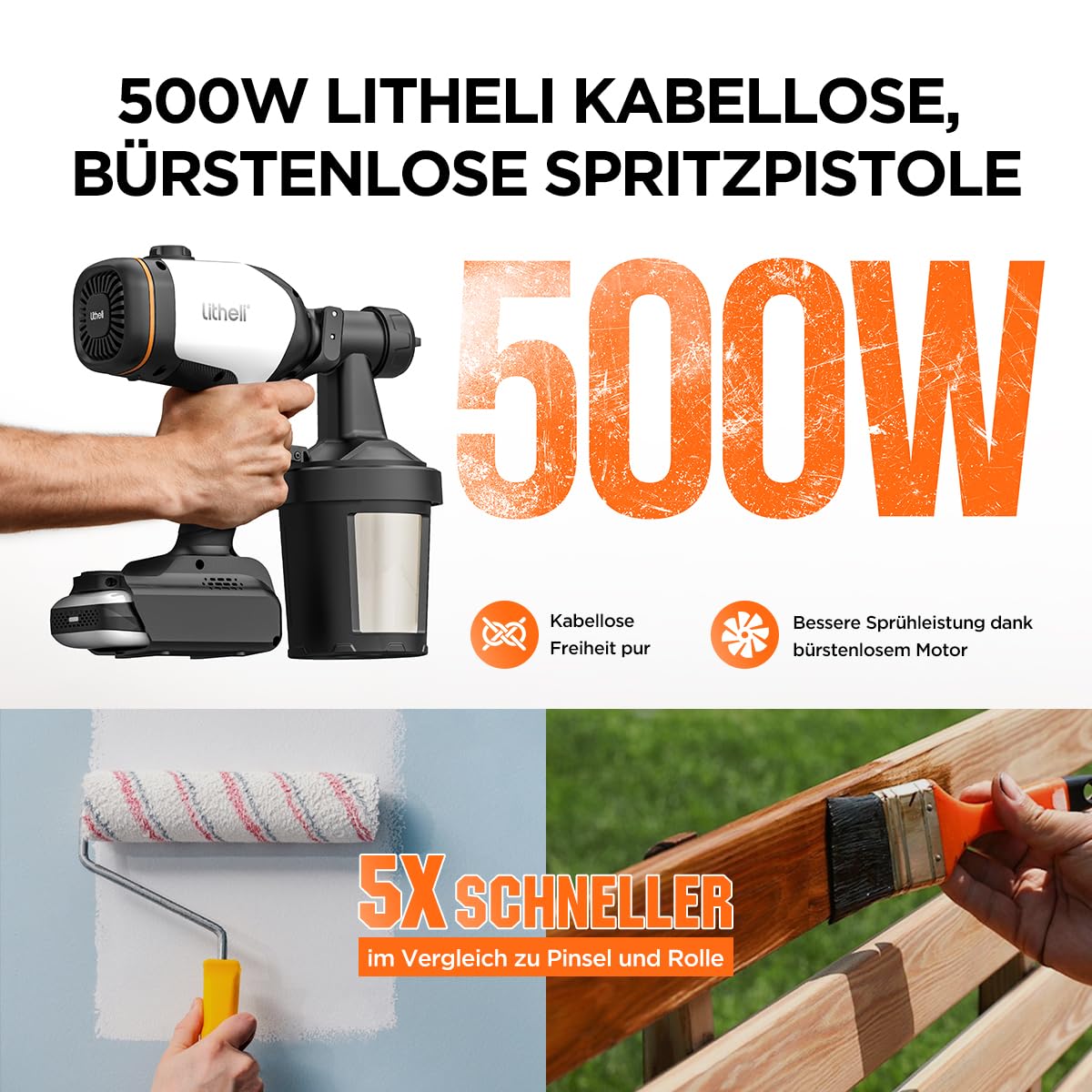 Litheli Akku Farbsprühsystem, Elektrische HVLP Lackierpistole mit bürstenlosem Motor, 3 Sprühmuster, 4 Düsen, 2×800 ml Farbbehälter, inkl. 4,0 Ah Akku, ideal für Holzlasur und Wandfarbe