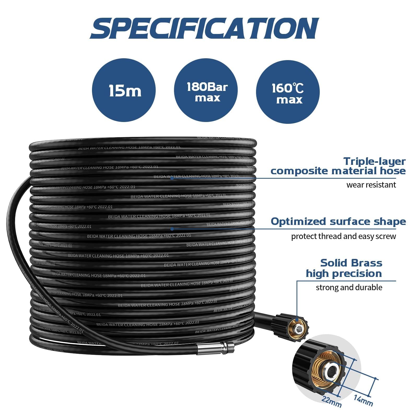 Rohrreinigungsschlauch 15M 180Bar für Kärcher K2 K3 K4 K5 K6 K7 HD HDS, Adapter Kompatible für Lavor Parkside Bosch