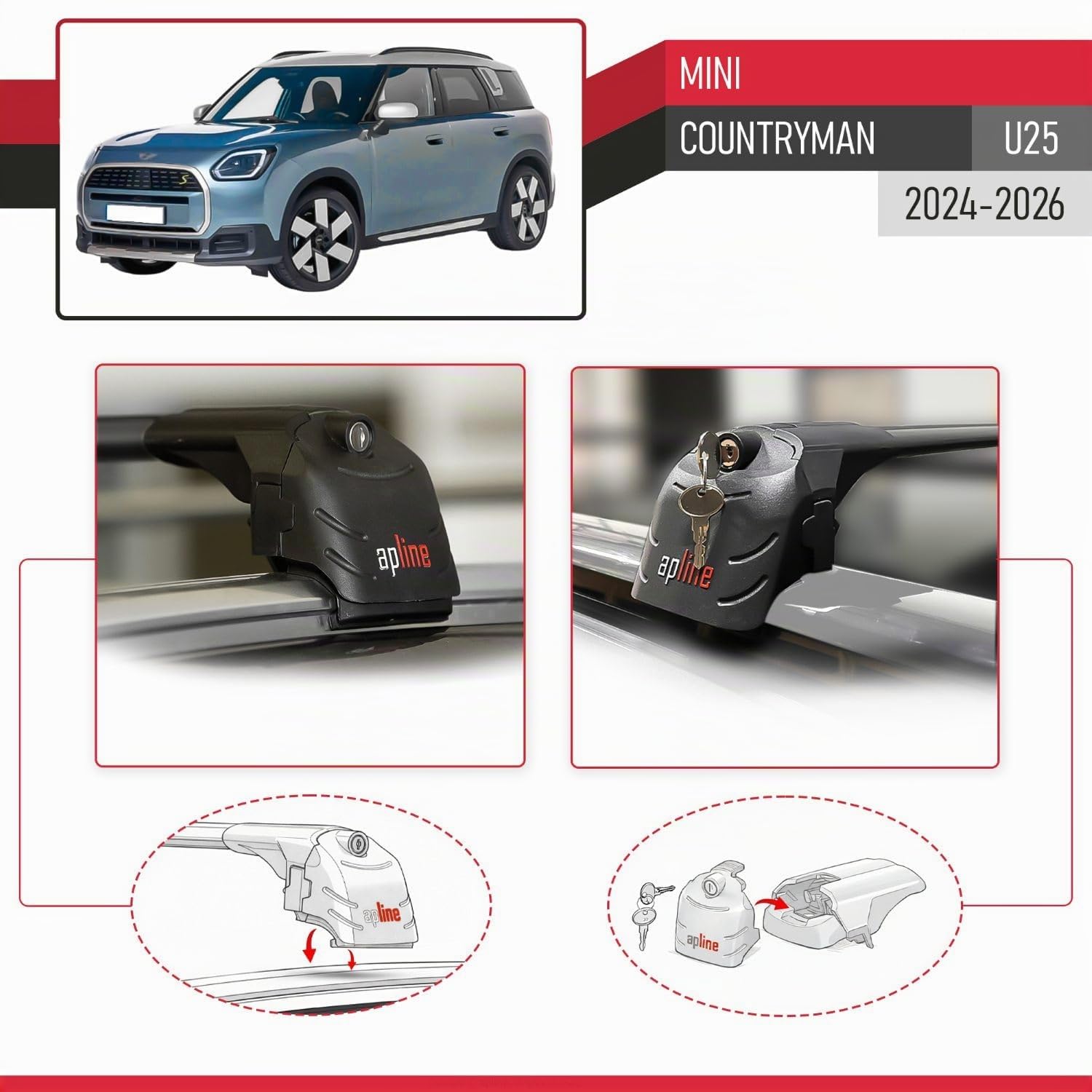 Compatibile con Mini Countryman (U25) 2024-2026 Modello ACE-2 Barre Tetto Portapacchi Auto Barre Portatutto Nero Alluminio 2 Barre