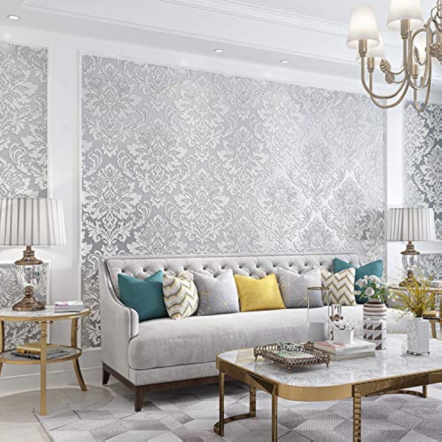 Prior.choice 9.5X0.53M Luxury Damask 6 Colors Luxury Embossed Flock Textured Non-Woven Wallpaper Roll for Bedroom Livingroom 1.73' W x 31.2' L=5.035㎡ (54sq.ft) (Silver)