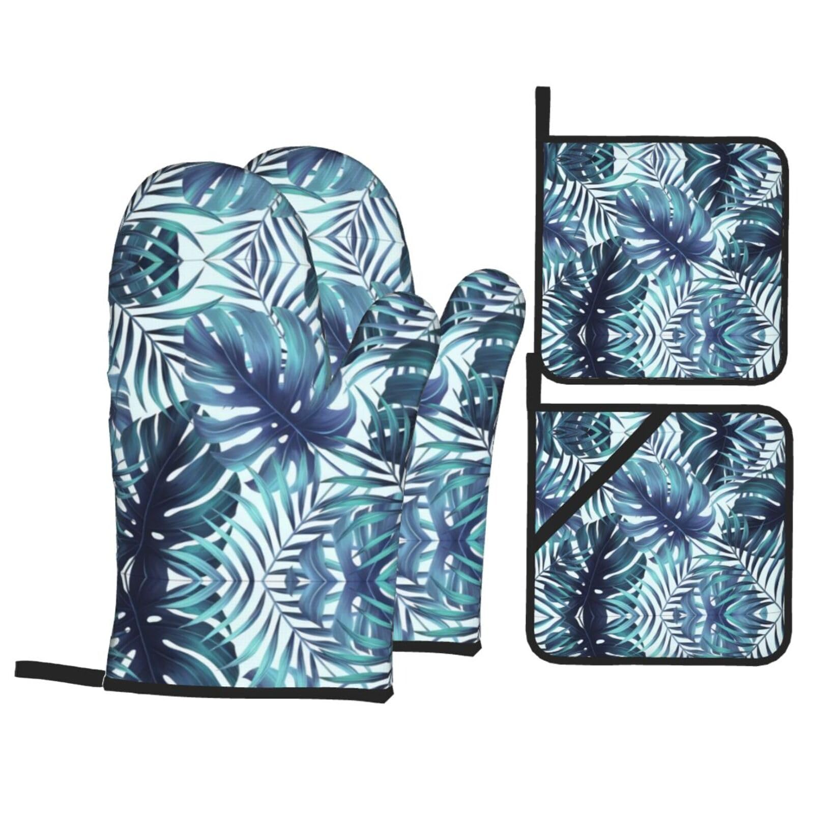 YYHHAOFA Tropical Palm Leaves Prints Kitchen Baking Set with Heat Resistant Pot Holders & Oven Mitts - Waterproof Layers for Cooking, Grilling & Serving, Includes Pocket Layer