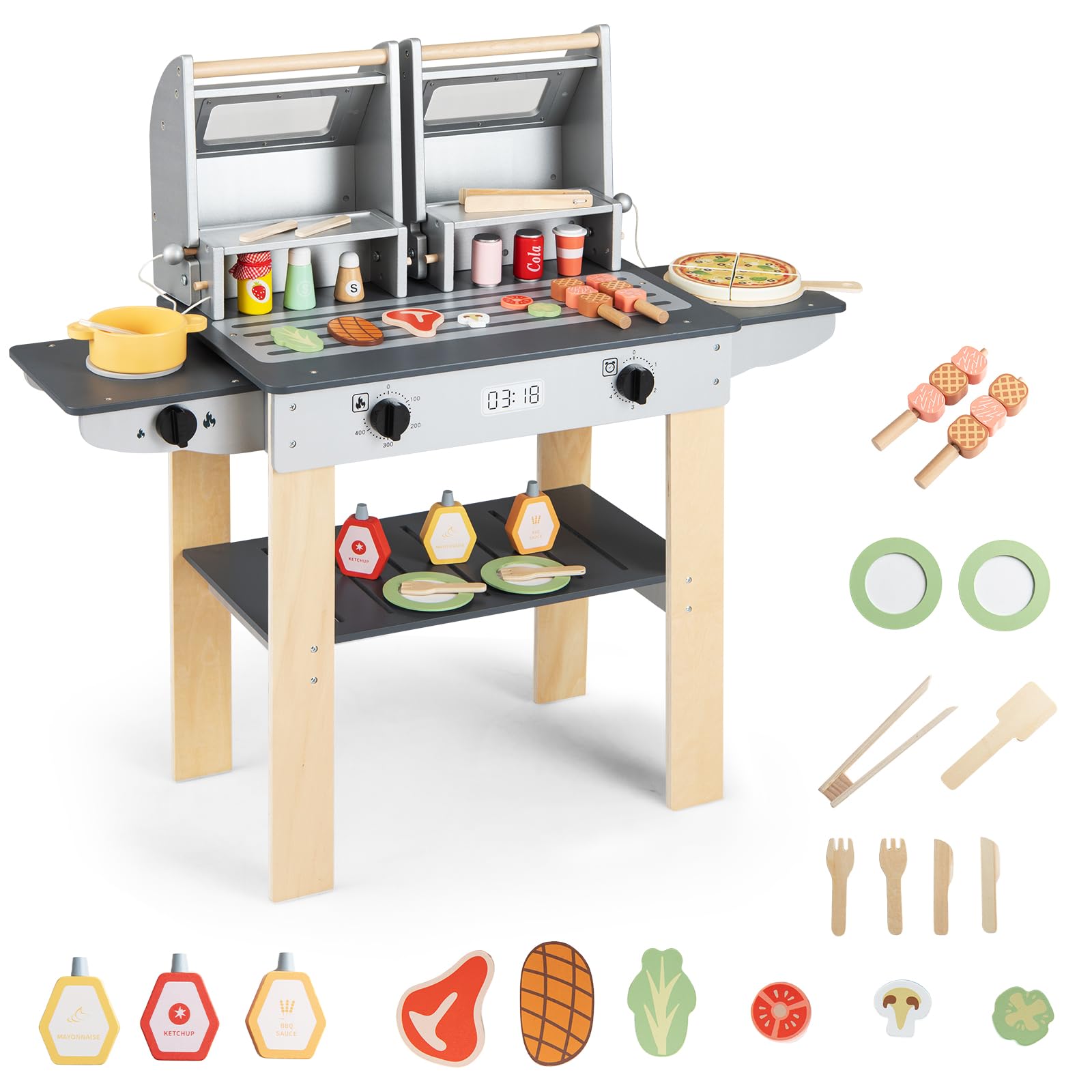 COSTWAY Kids BBQ Grill Playset, Wooden Toy Kitchen with Flip-Top Grill Covers, Play Foods, Grilling Tools, Toddler Barbecue Pretend Play Set for Boys Girls Age 3+